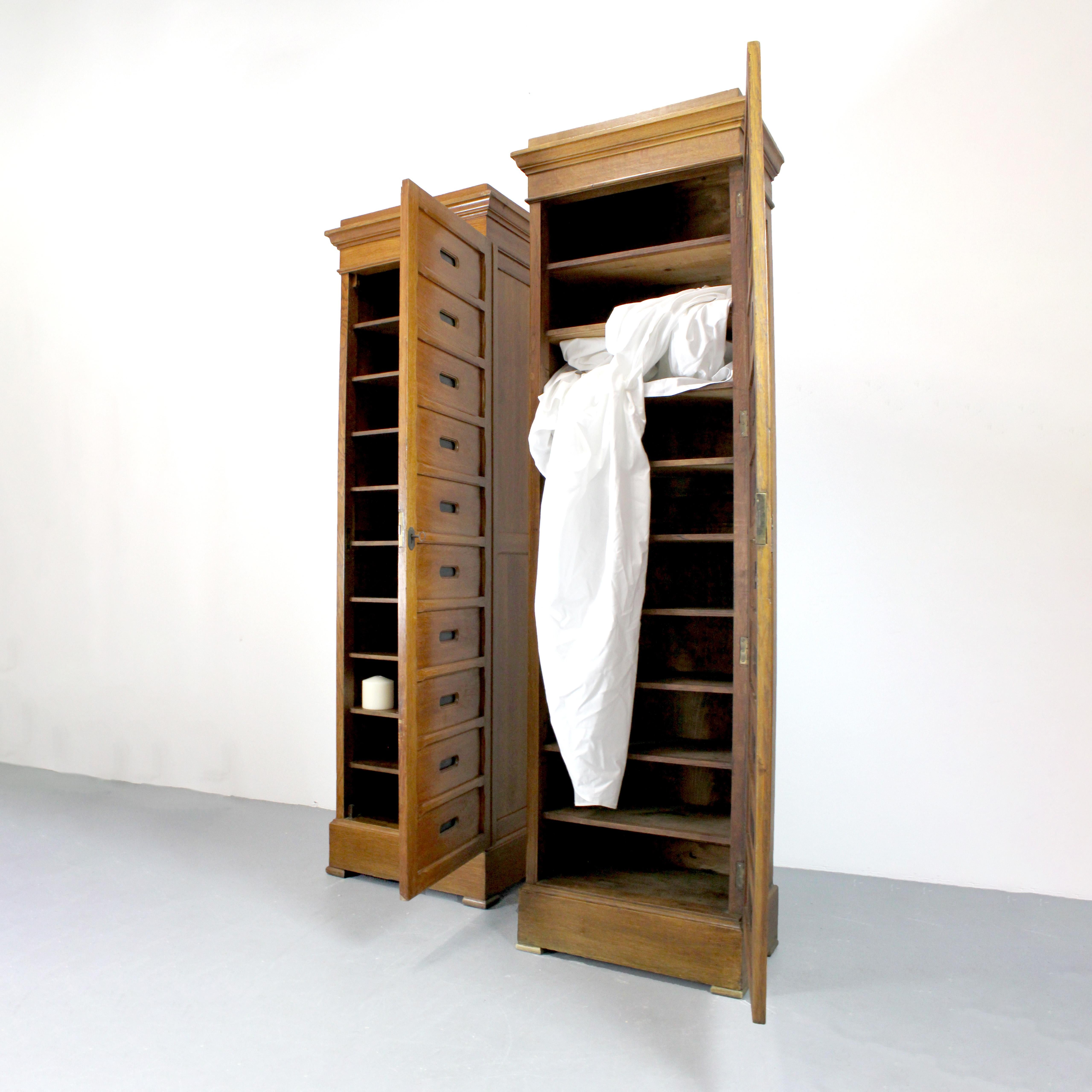 Pair of oak wardrobes with doors and locks. Shelves inside (one adjustable). For Sale 4