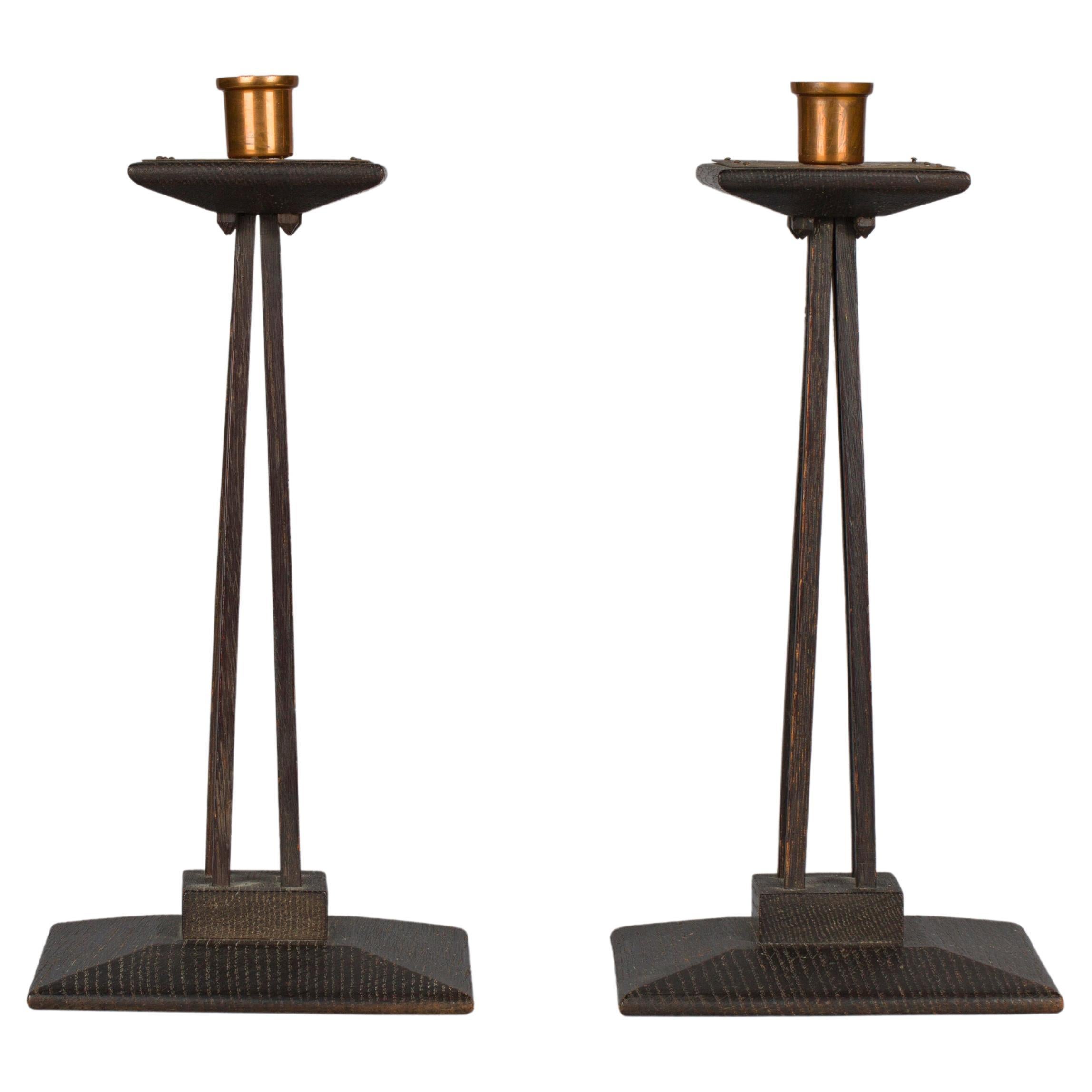Pair of Oak Wood and Copper Candlesticks by Charles Rohlfs, 1904 For Sale