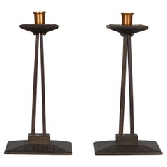 Antique Pair of Oak Wood and Copper Candlesticks by Charles Rohlfs, 1904