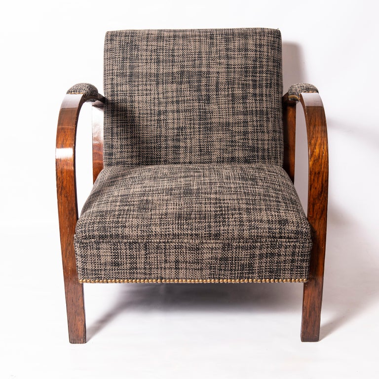 French Pair of Oakwood and Fabric Armchairs, Art Deco Period, France, circa 1940 For Sale
