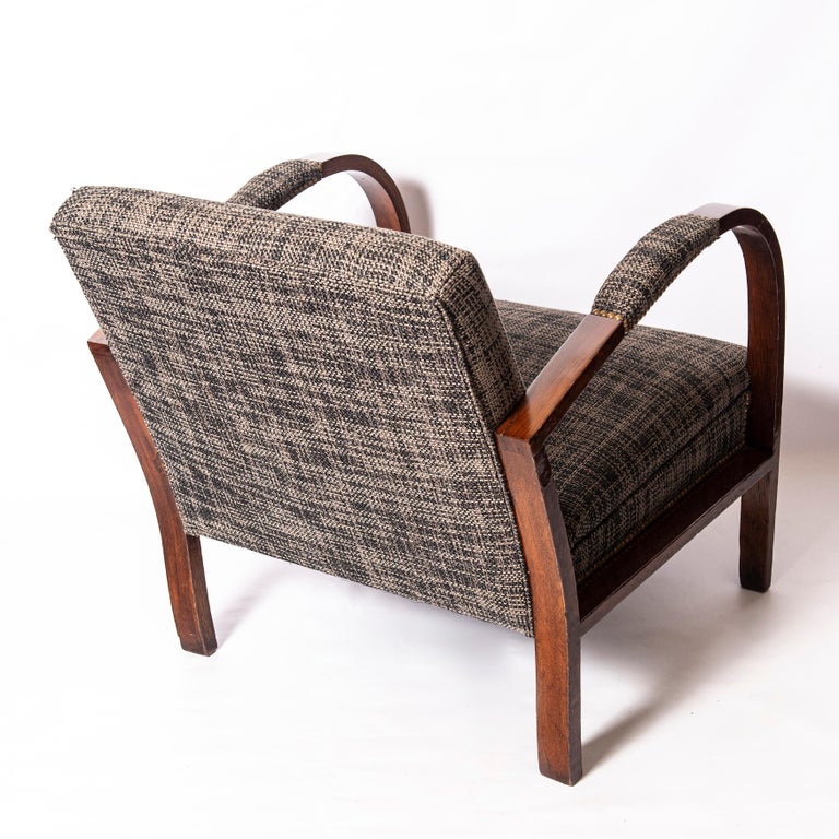 Mid-20th Century Pair of Oakwood and Fabric Armchairs, Art Deco Period, France, circa 1940 For Sale
