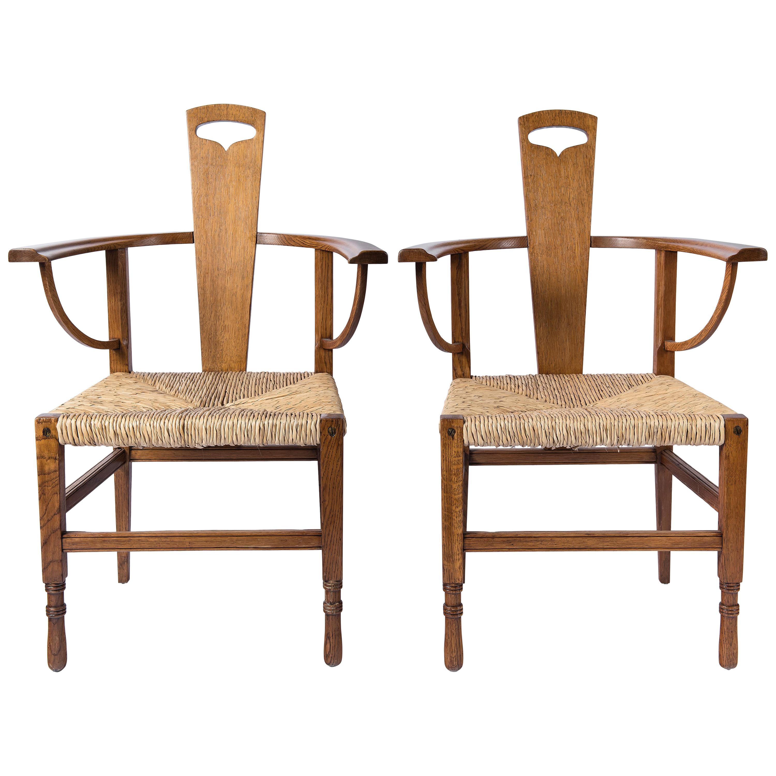 Pair of Oak Wood Armchairs, Attributed to George Walton, Scotland, circa 1890