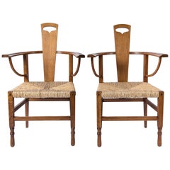 Antique Pair of Oak Wood Armchairs, Attributed to George Walton, Scotland, circa 1890