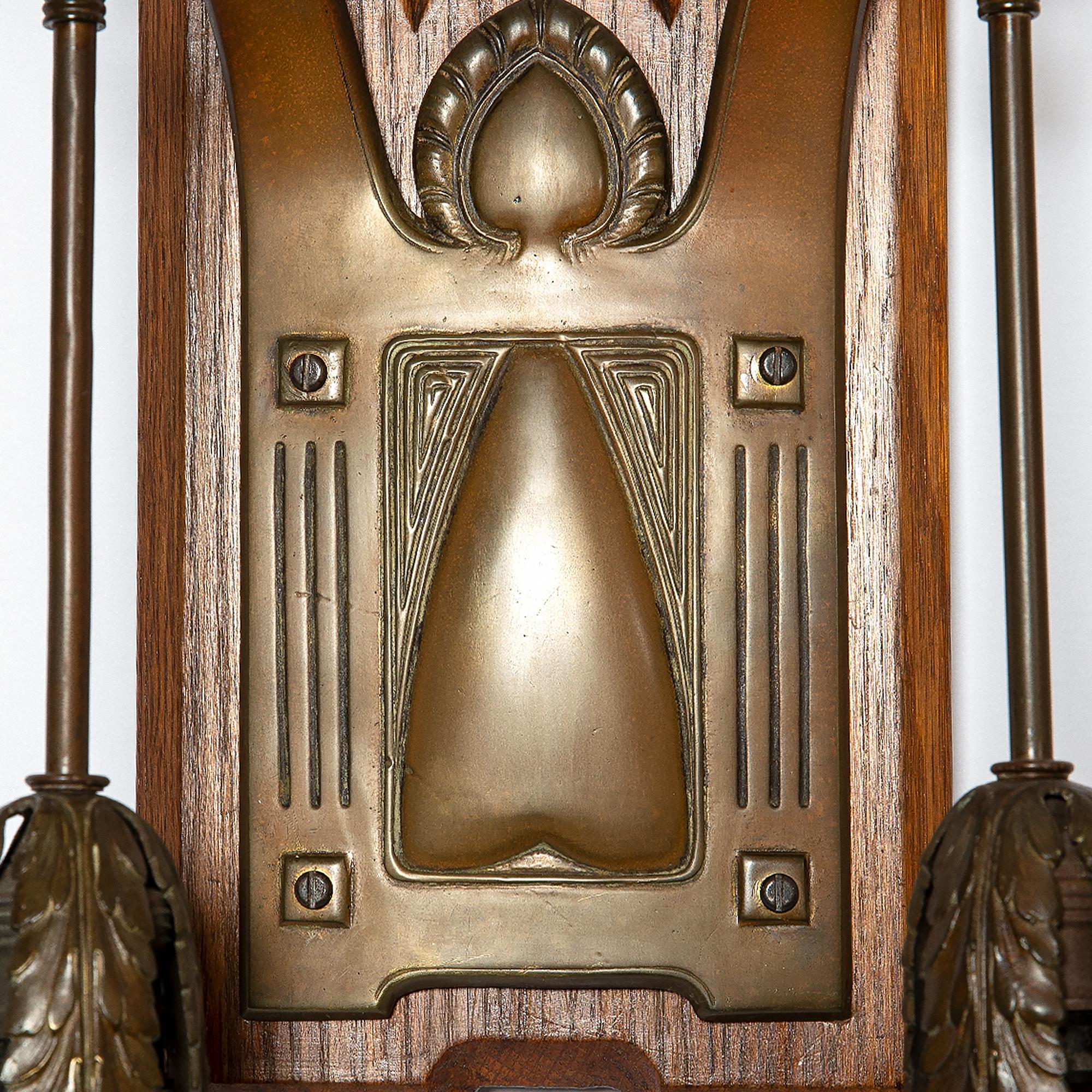 Arts and Crafts Pair of Oakwood, Bronze and Metal Sconces, England, Late 19th Century For Sale