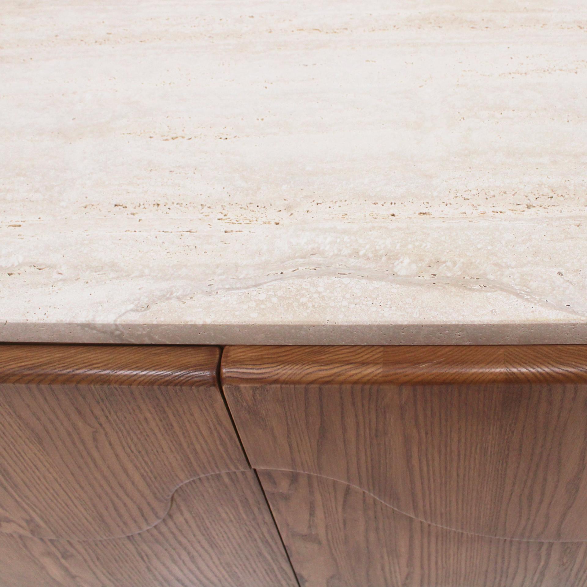 Pair of Oak Wood Sideboards with Travertine Top. Italian Contemporary Design For Sale 7