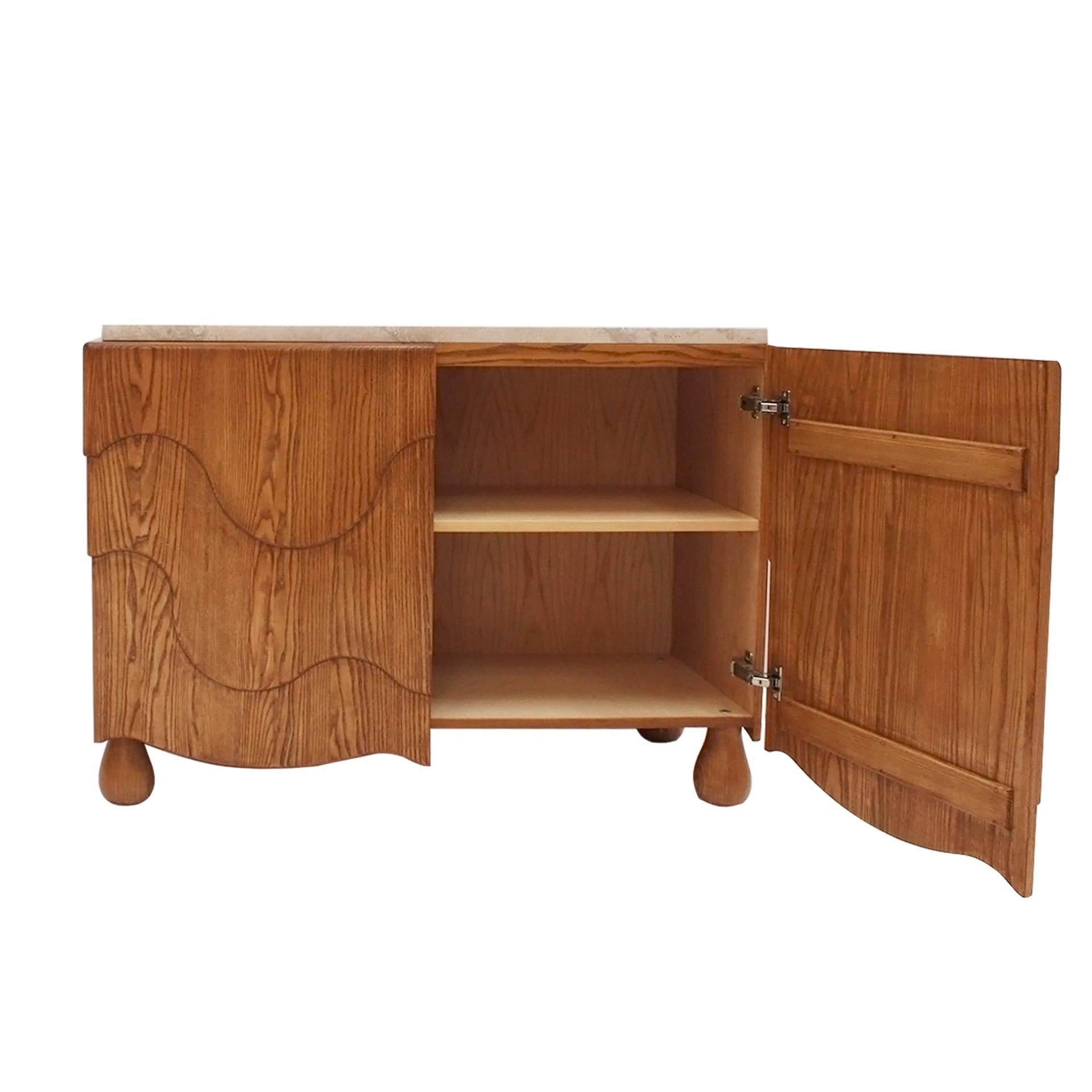 Pair of Oak Wood Sideboards with Travertine Top. Italian Contemporary Design For Sale 8