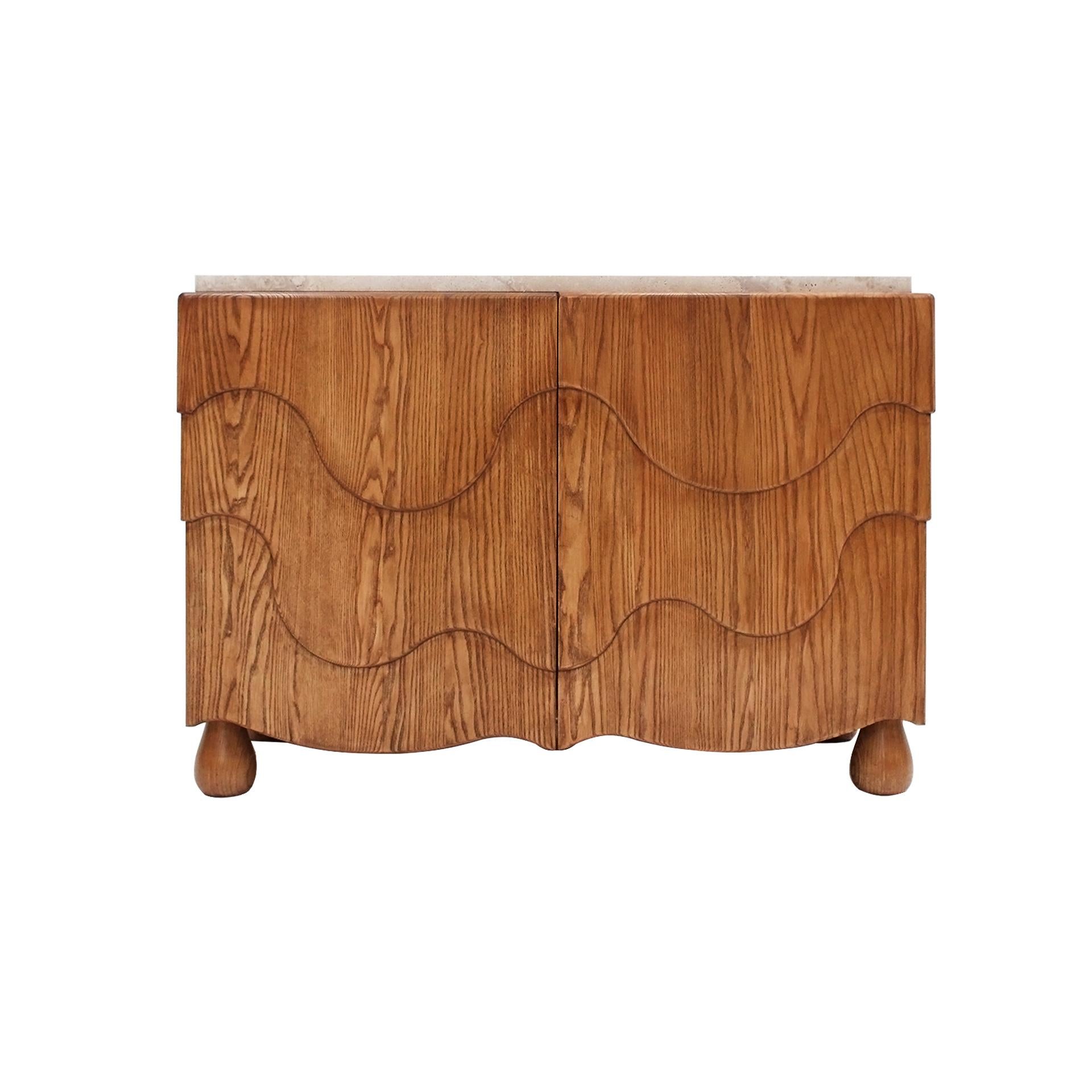 Mid-Century Modern Pair of Oak Wood Sideboards with Travertine Top. Italian Contemporary Design