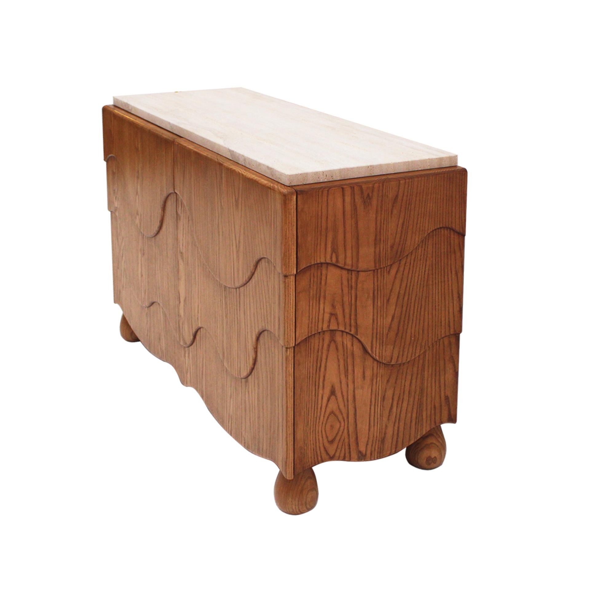 Mid-Century Modern Pair of Oak Wood Sideboards with Travertine Top. Italian Contemporary Design For Sale