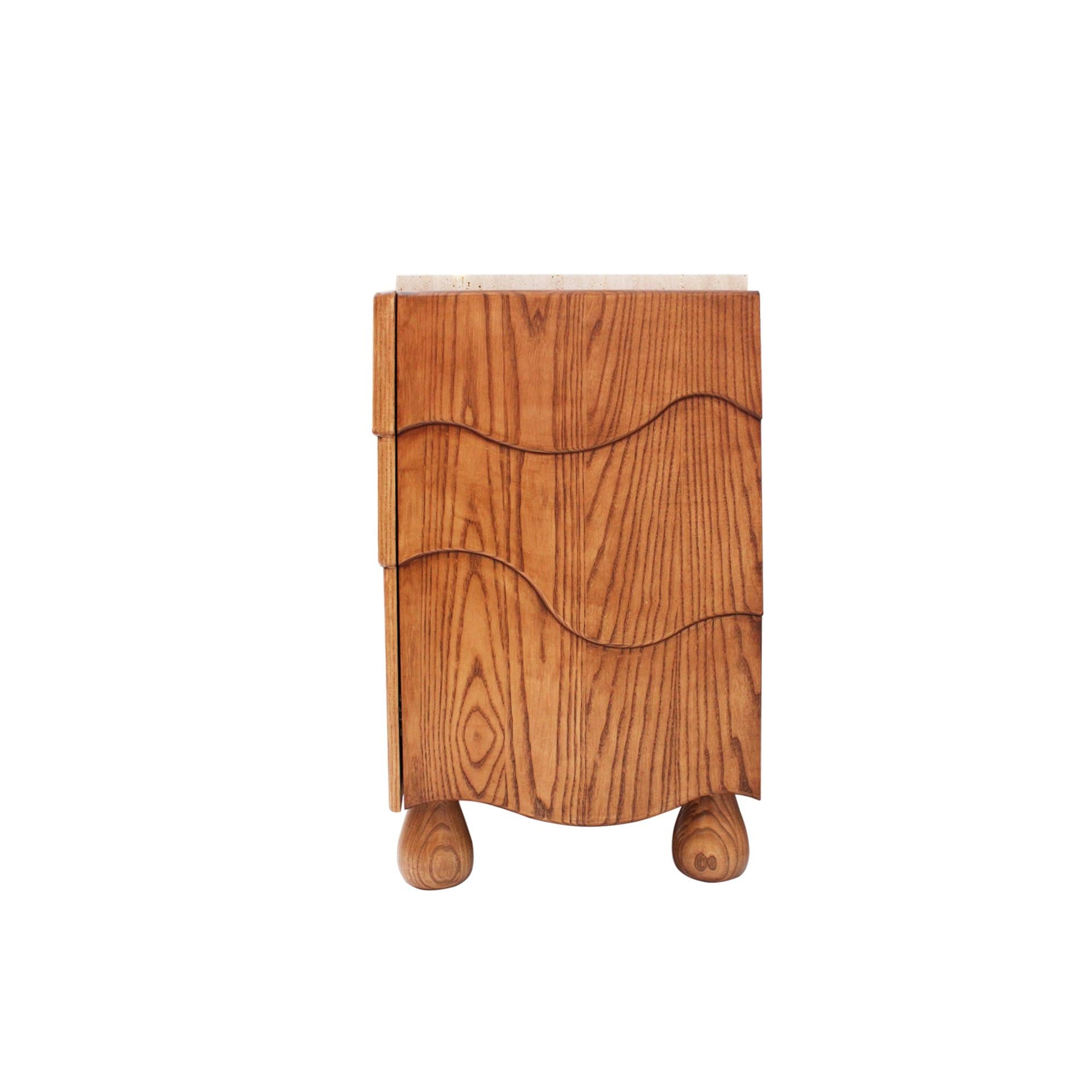 Hand-Crafted Pair of Oak Wood Sideboards with Travertine Top. Italian Contemporary Design For Sale