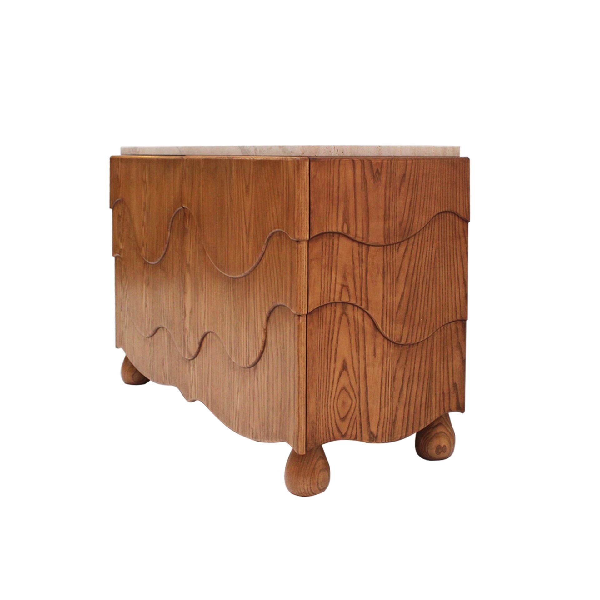 Pair of Oak Wood Sideboards with Travertine Top. Italian Contemporary Design In Good Condition For Sale In Madrid, ES