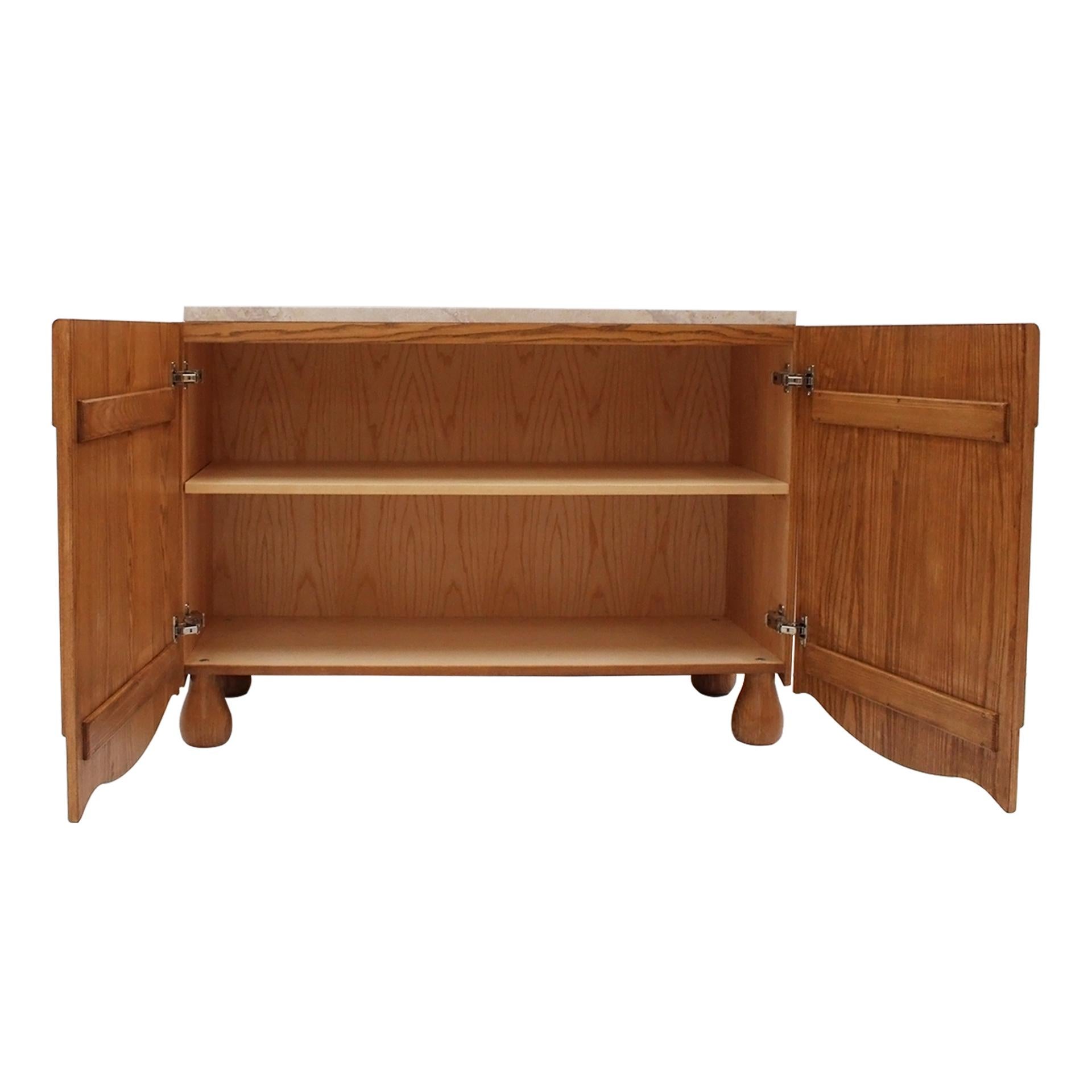 Pair of Oak Wood Sideboards with Travertine Top. Italian Contemporary Design For Sale 1