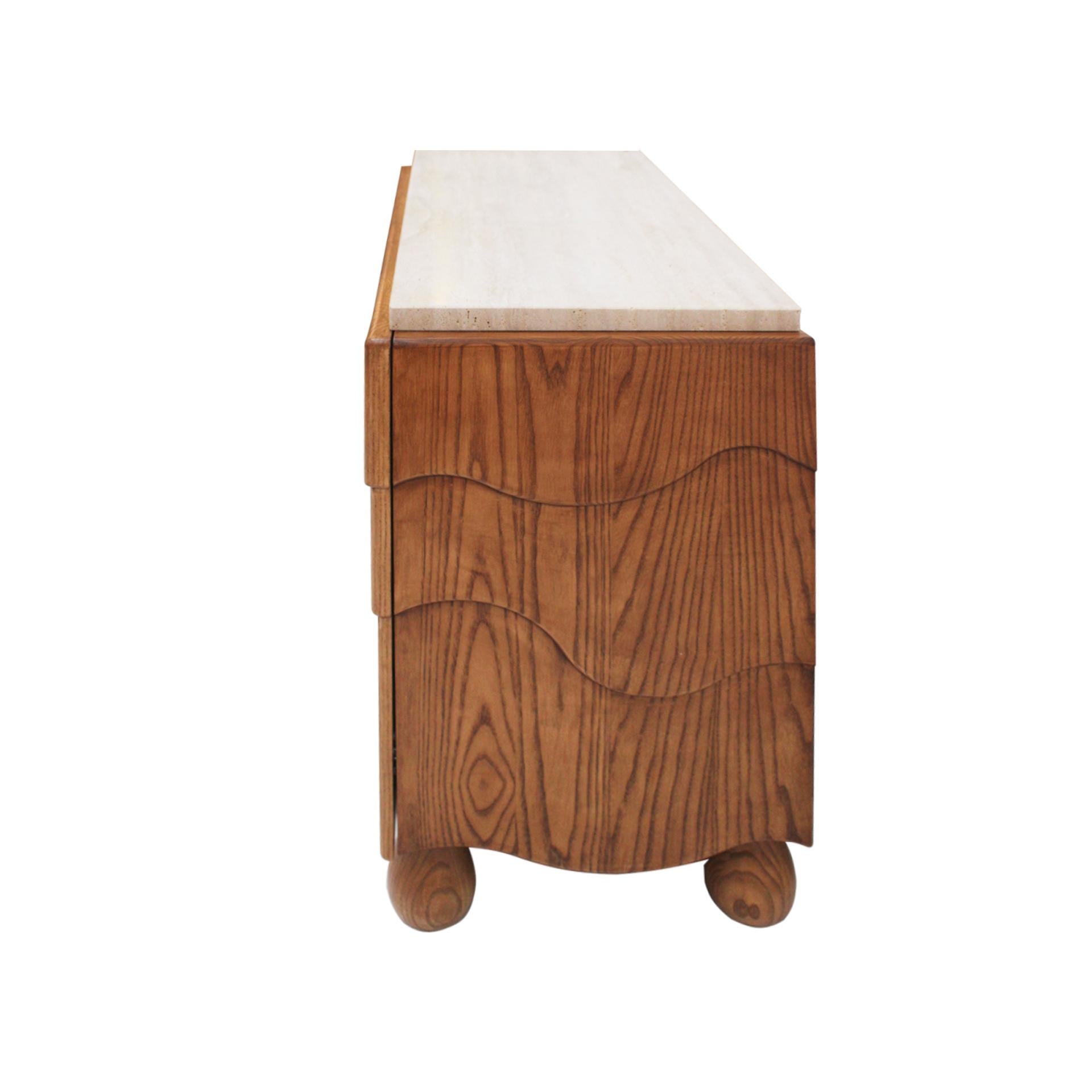 Pair of Oak Wood Sideboards with Travertine Top. Italian Contemporary Design For Sale 2