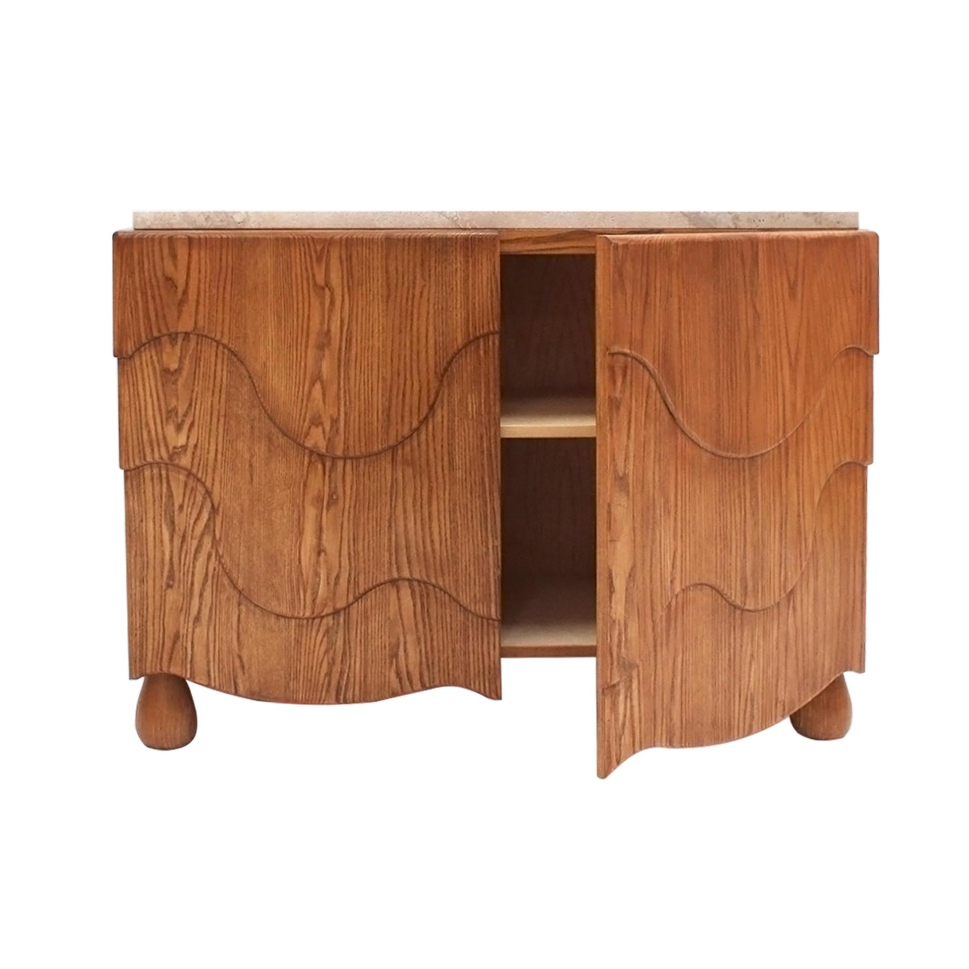 Pair of Oak Wood Sideboards with Travertine Top. Italian Contemporary Design For Sale 3