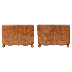 Pair of Oak Wood Sideboards with Travertine Top. Italian Contemporary Design