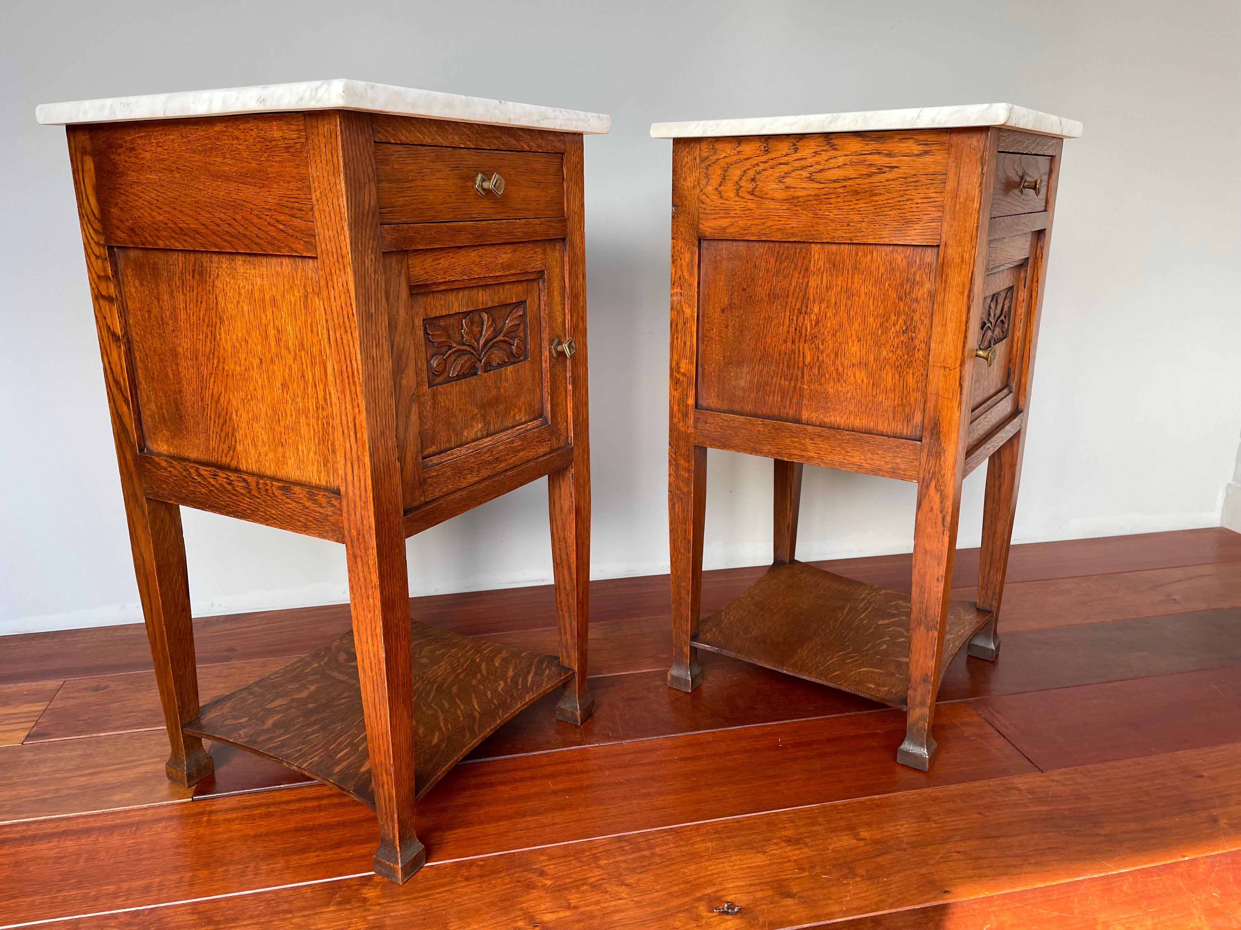 Pair of Oak Wooden Arts & Crafts Bedside Cabinets W. Marble Tops & Brass Handles 4