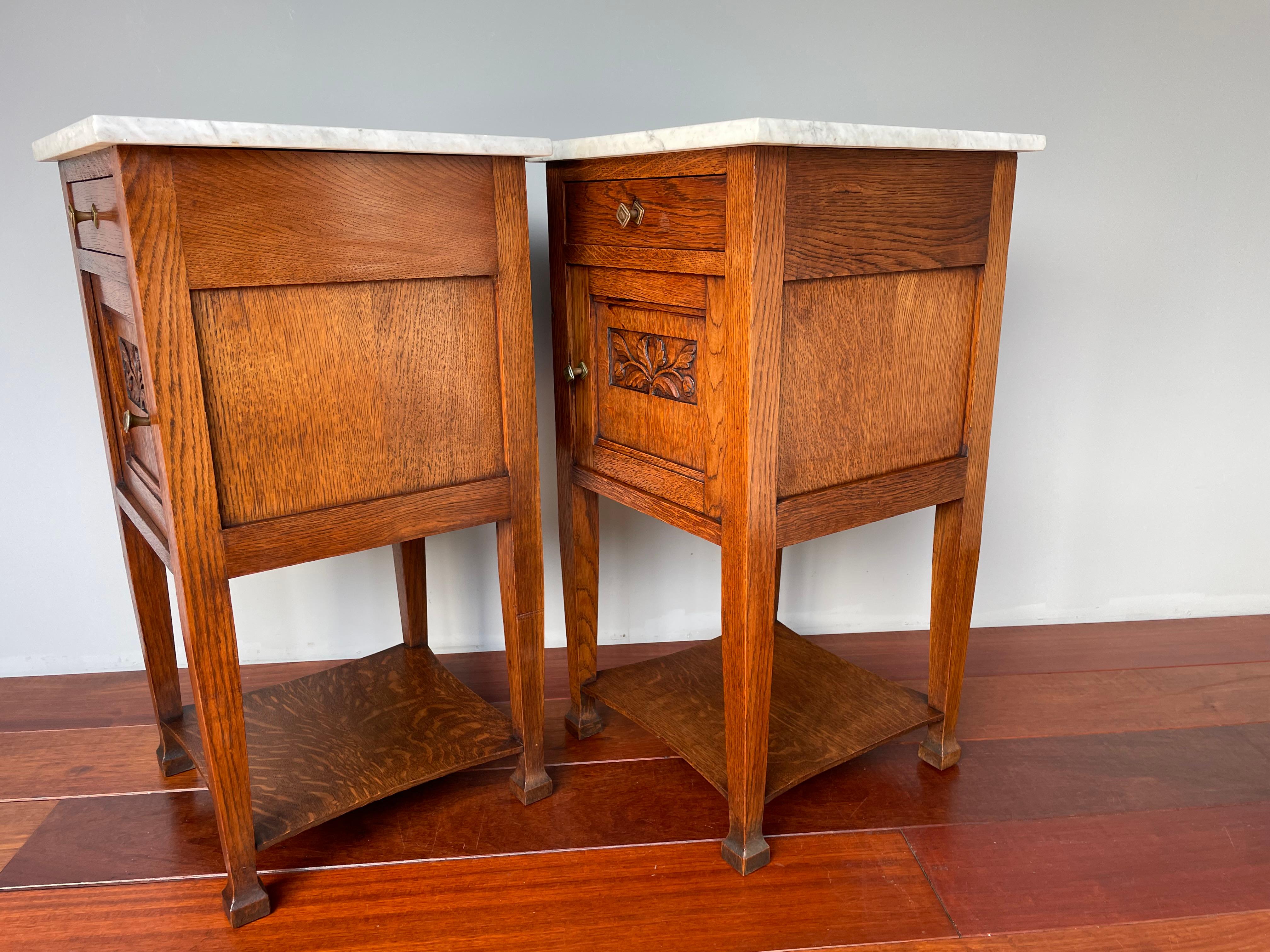 Pair of Oak Wooden Arts & Crafts Bedside Cabinets W. Marble Tops & Brass Handles 5