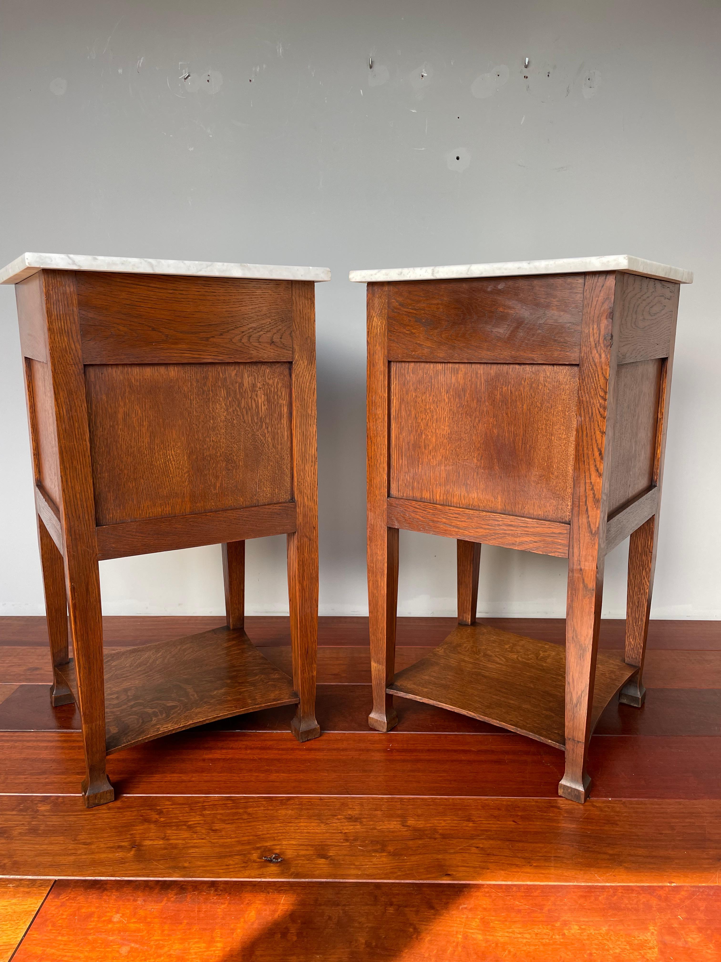 Pair of Oak Wooden Arts & Crafts Bedside Cabinets W. Marble Tops & Brass Handles 6