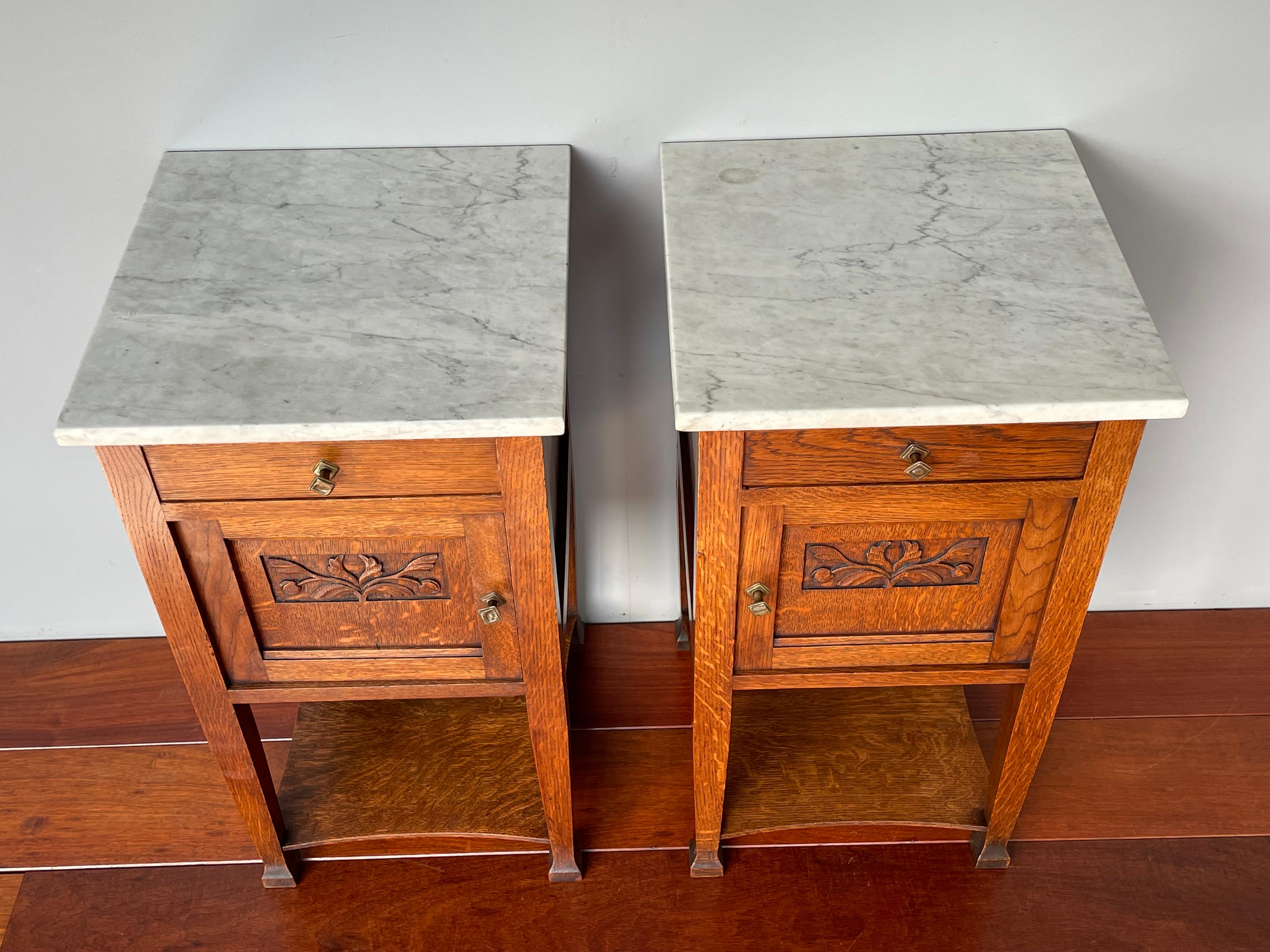 Pair of Oak Wooden Arts & Crafts Bedside Cabinets W. Marble Tops & Brass Handles 11