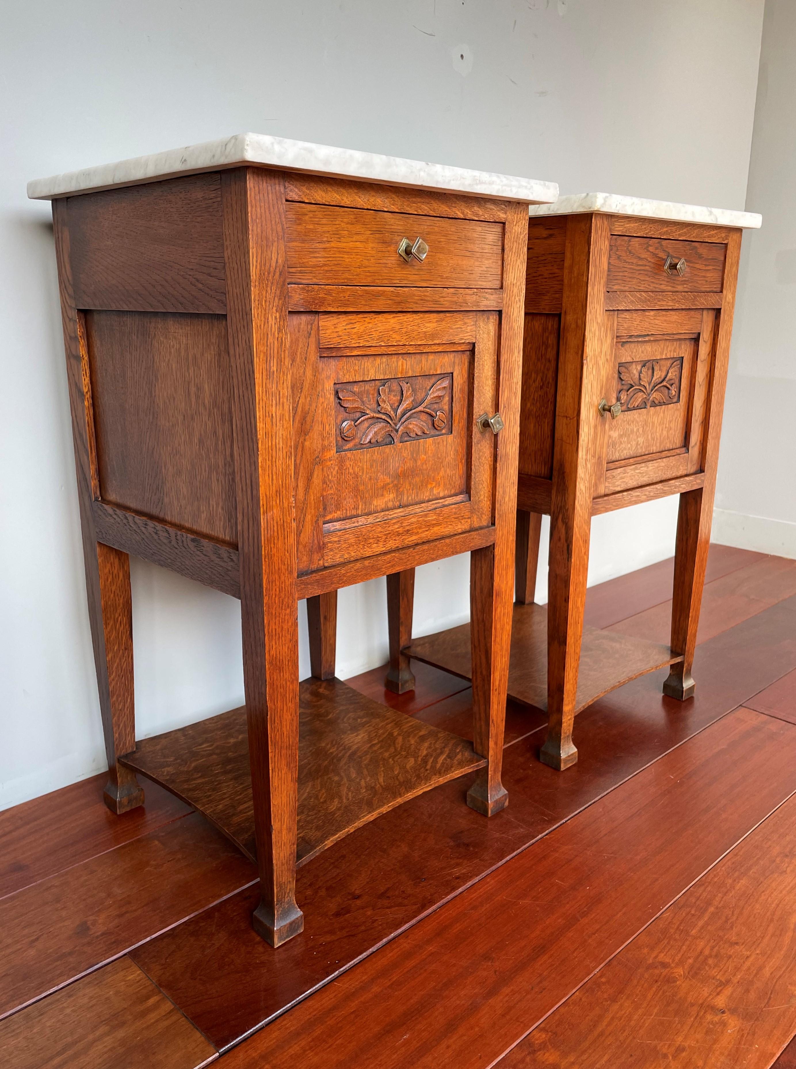 Dutch Pair of Oak Wooden Arts & Crafts Bedside Cabinets W. Marble Tops & Brass Handles