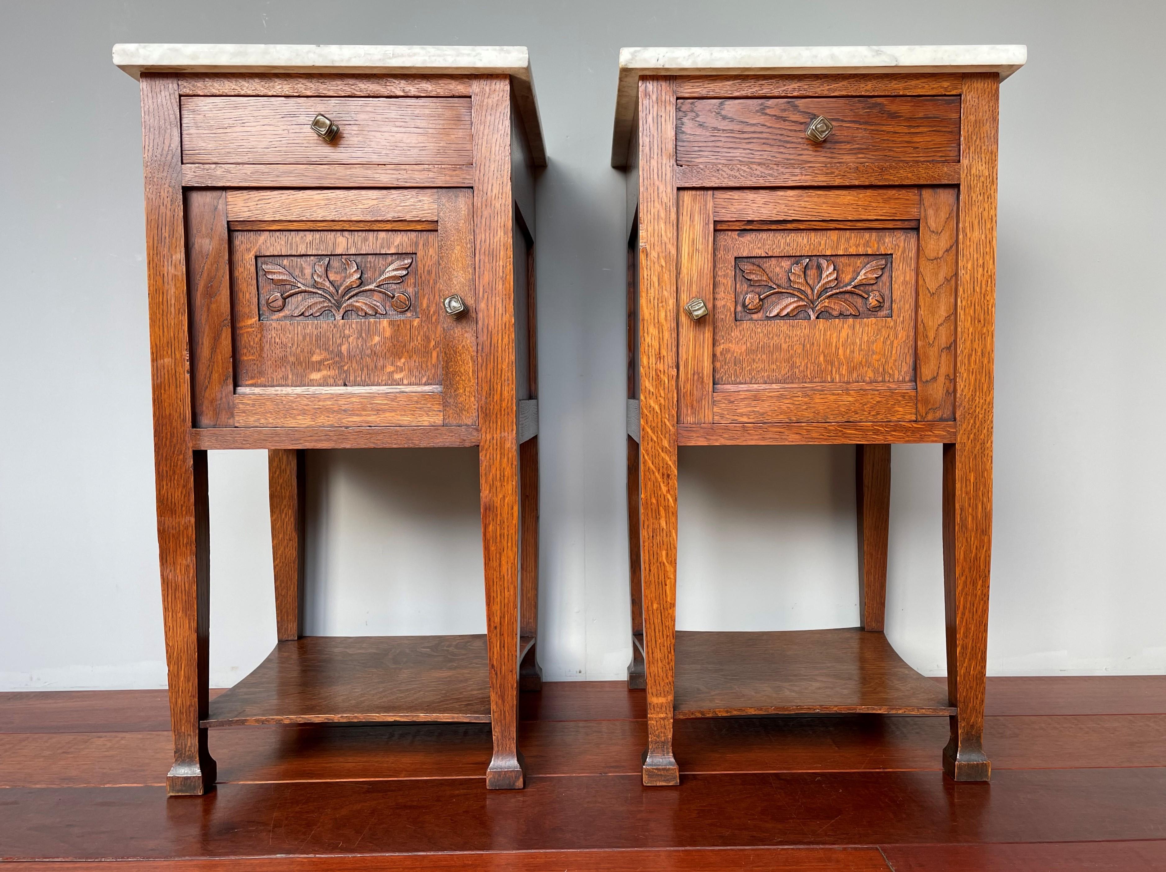 Cast Pair of Oak Wooden Arts & Crafts Bedside Cabinets W. Marble Tops & Brass Handles