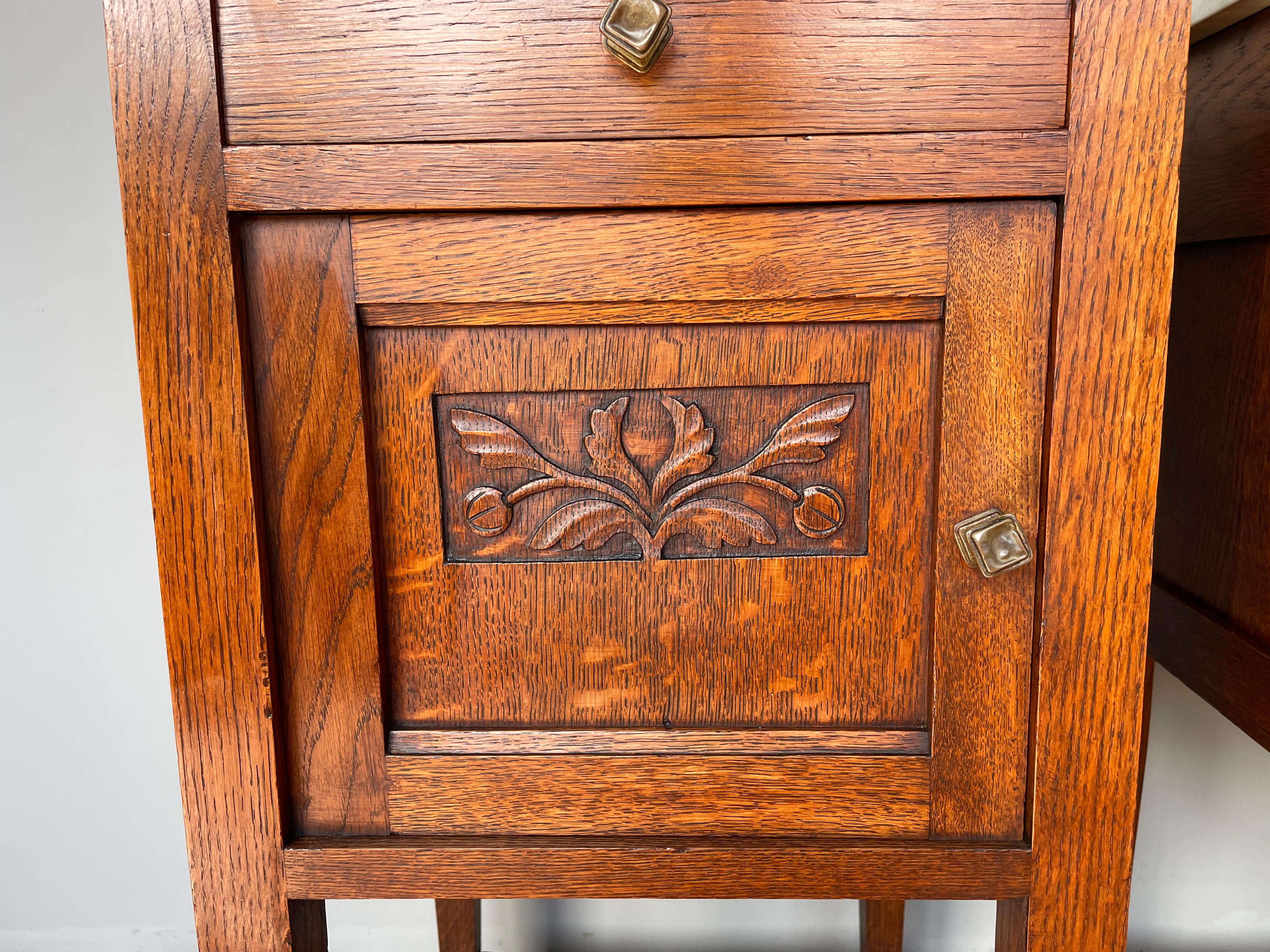 20th Century Pair of Oak Wooden Arts & Crafts Bedside Cabinets W. Marble Tops & Brass Handles