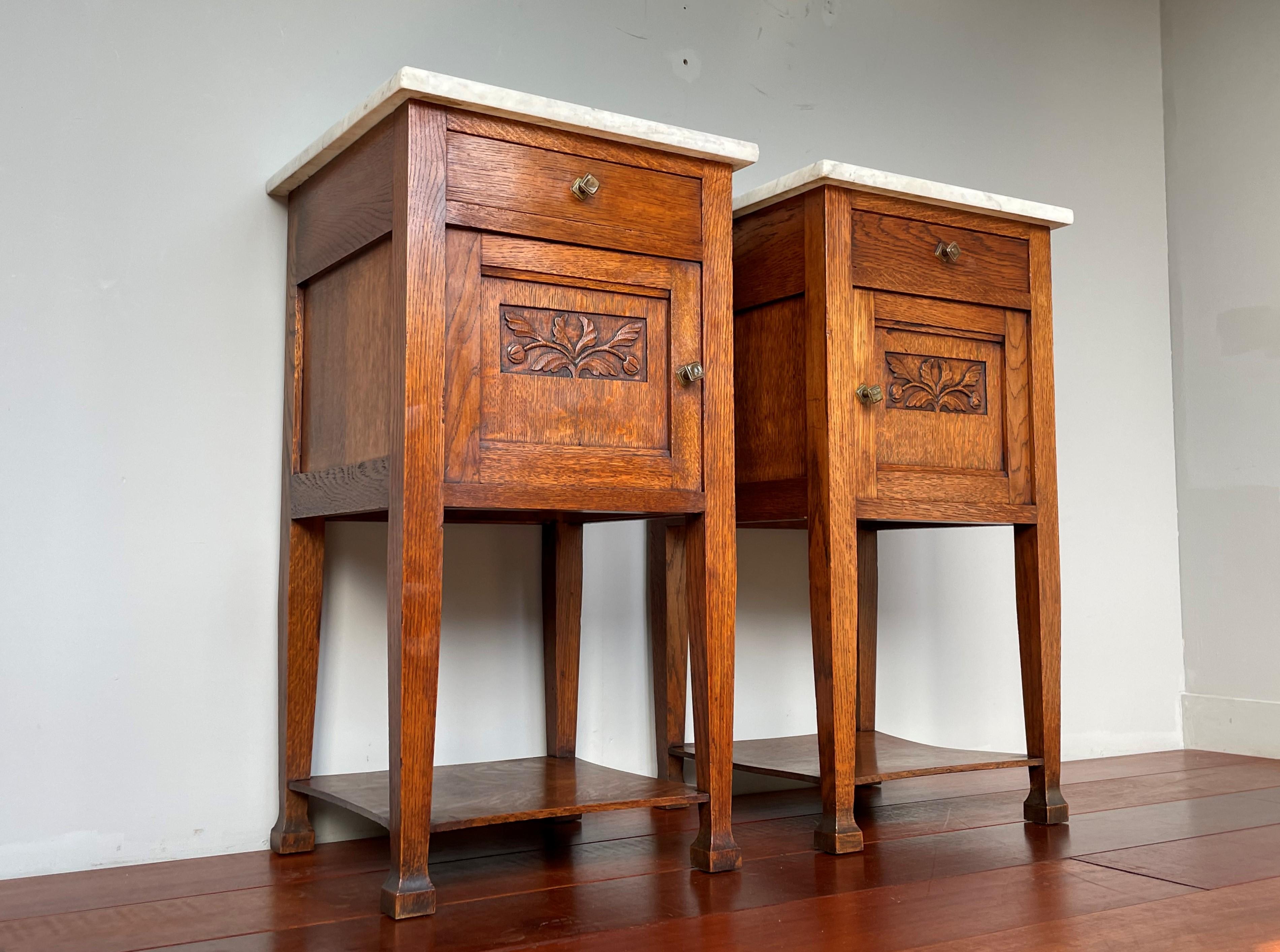 Pair of Oak Wooden Arts & Crafts Bedside Cabinets W. Marble Tops & Brass Handles 1