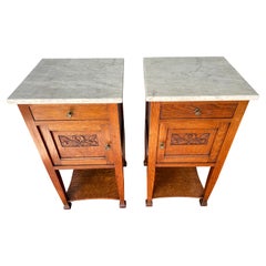 Antique Pair of Oak Wooden Arts & Crafts Bedside Cabinets W. Marble Tops & Brass Handles