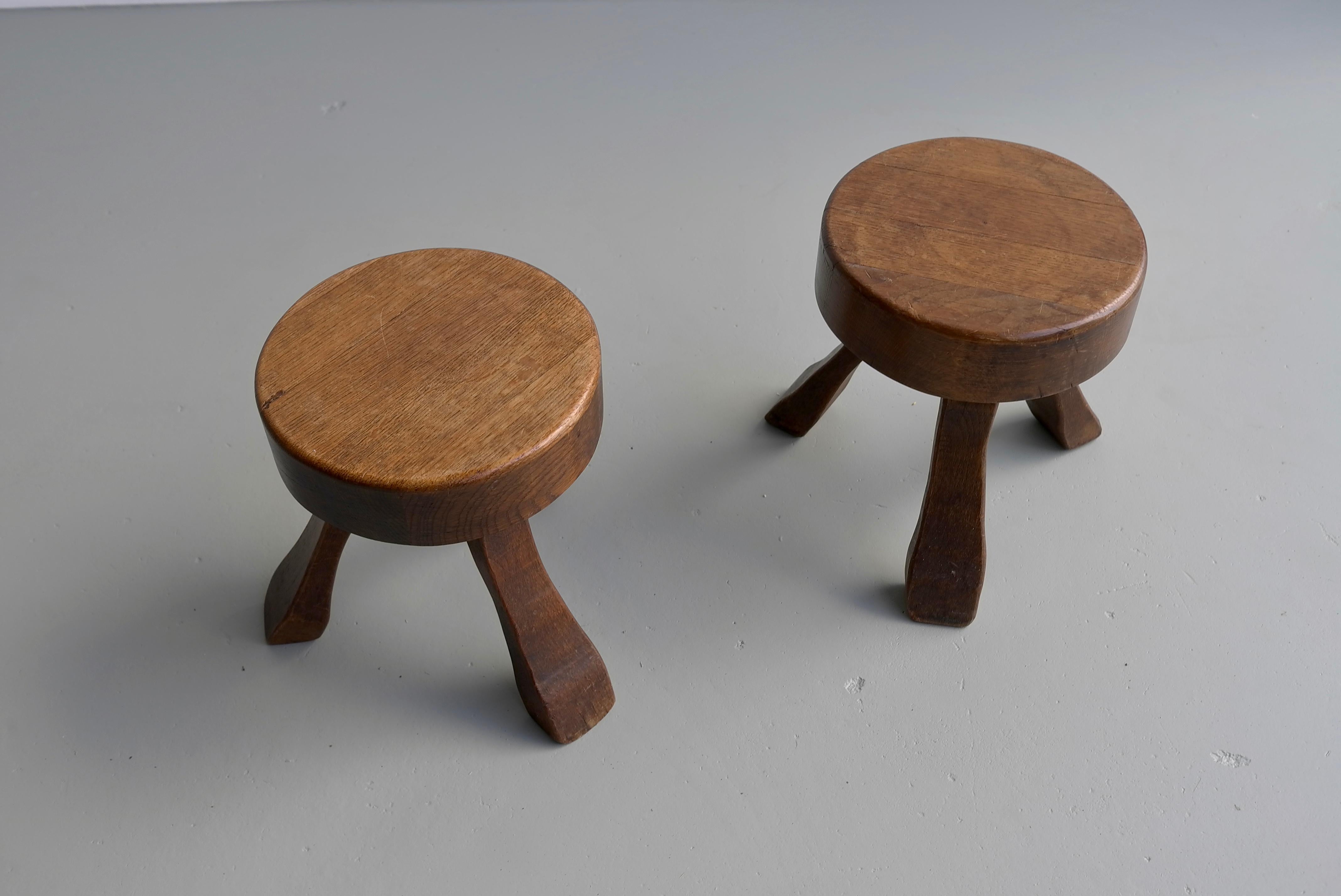 Mid-Century Modern Pair of Oak Wooden Stools in Style of Charlotte Perriand