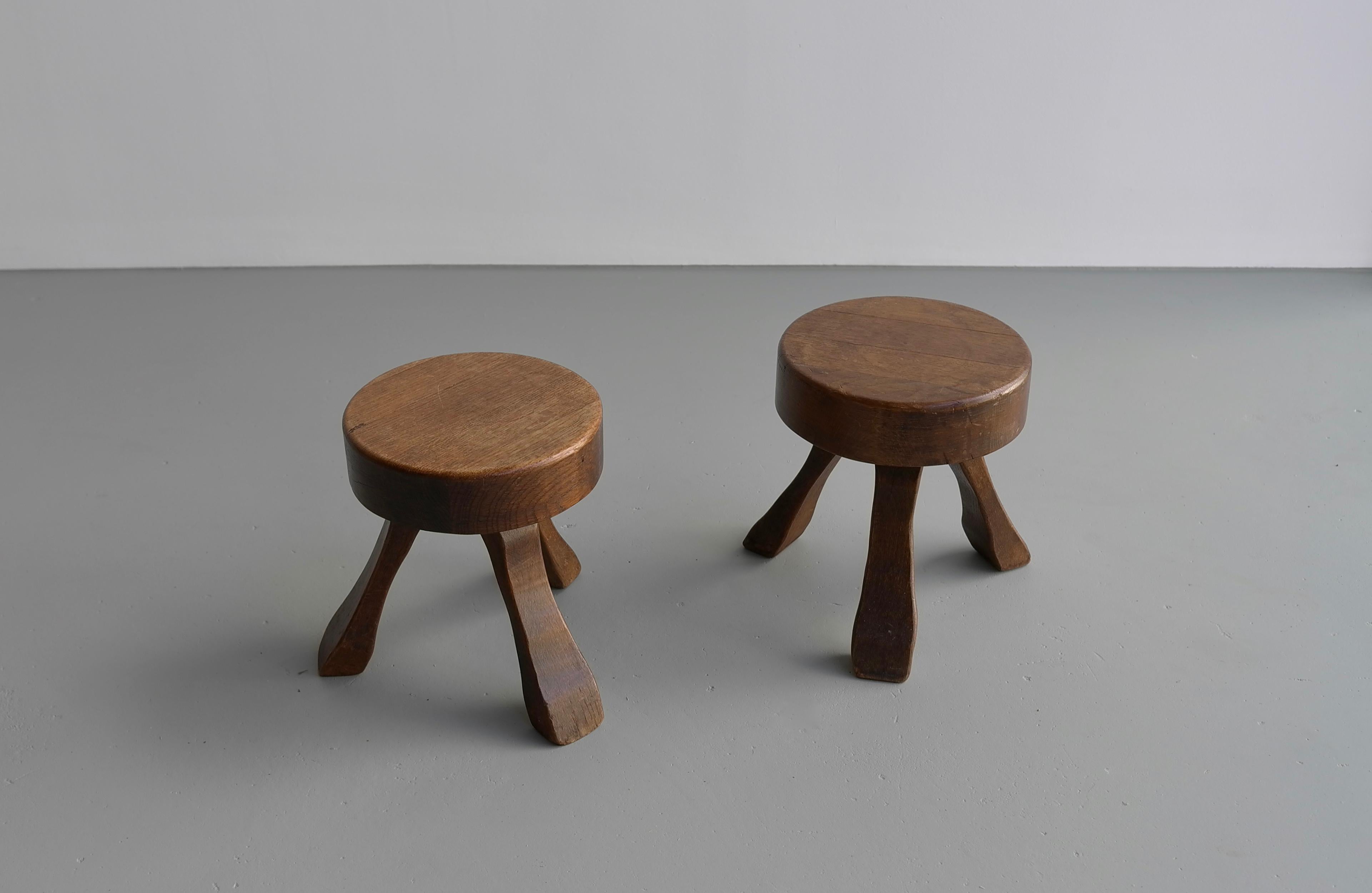 French Pair of Oak Wooden Stools in Style of Charlotte Perriand