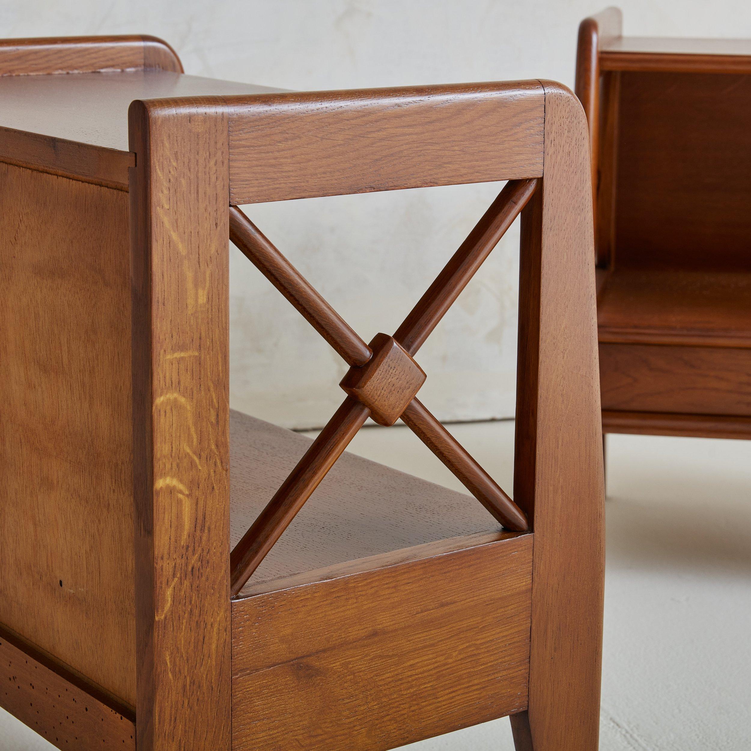 Pair of Oak X Detail Nightstands, France 1950s In Excellent Condition In Chicago, IL