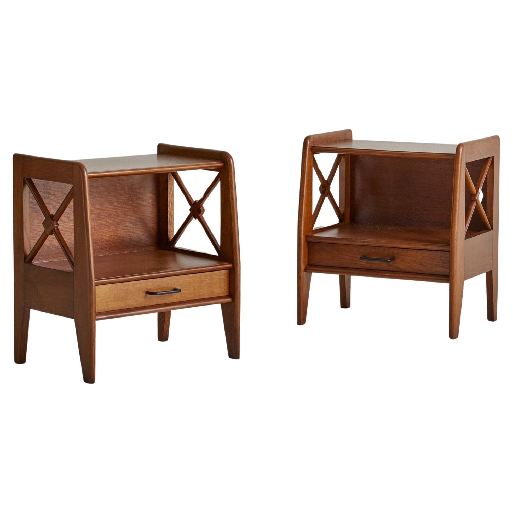 Pair of Oak X Detail Nightstands, France 1950s