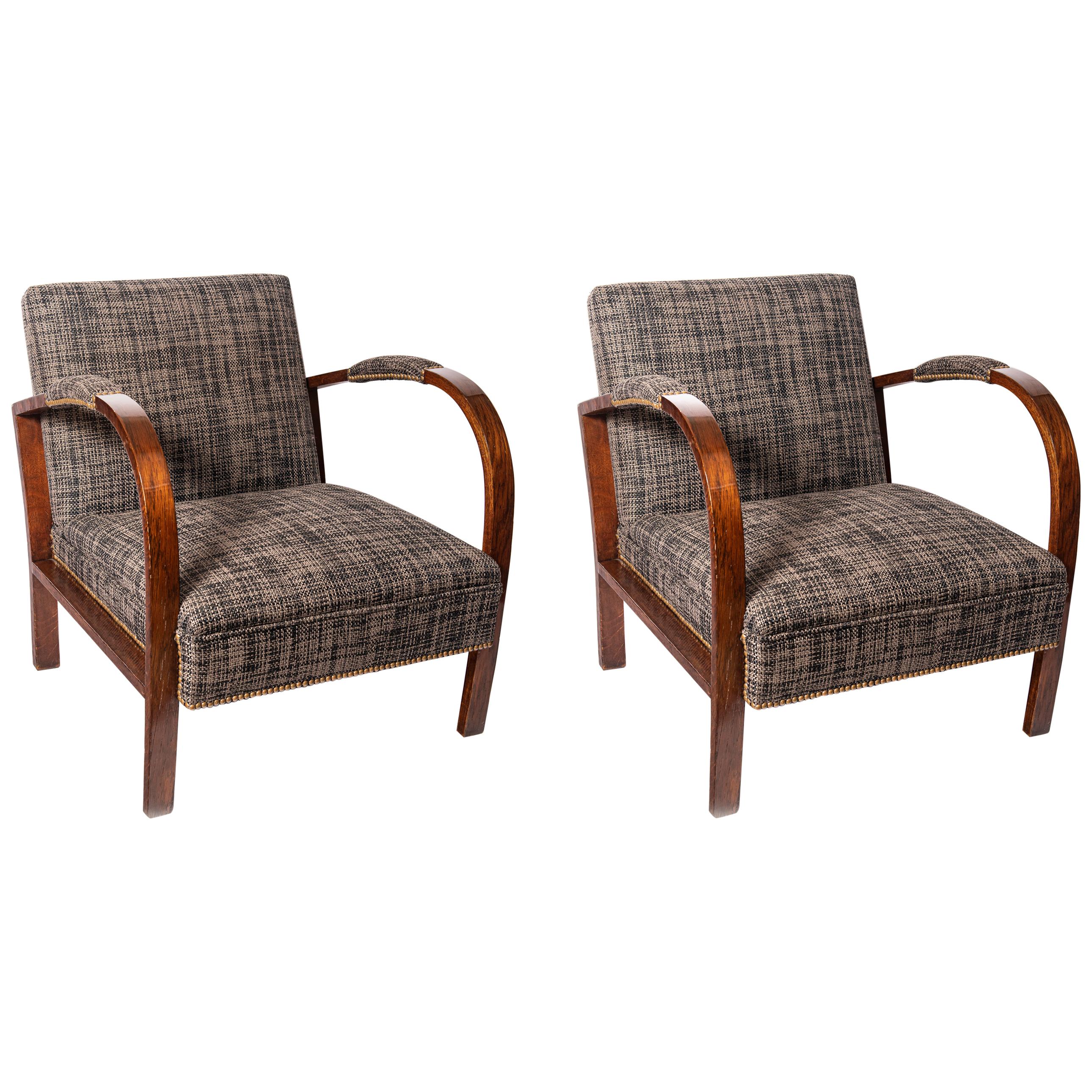 Pair of Oakwood and Fabric Armchairs, Art Deco Period, France, circa 1940