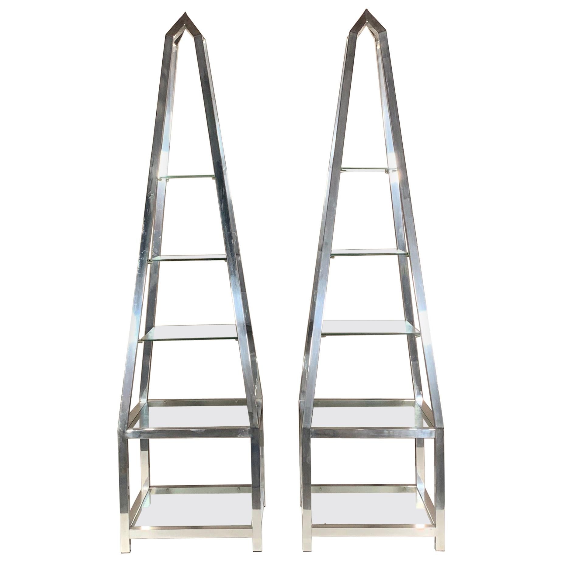 Pair of Obelisk Étagères in Polished Aluminum For Sale