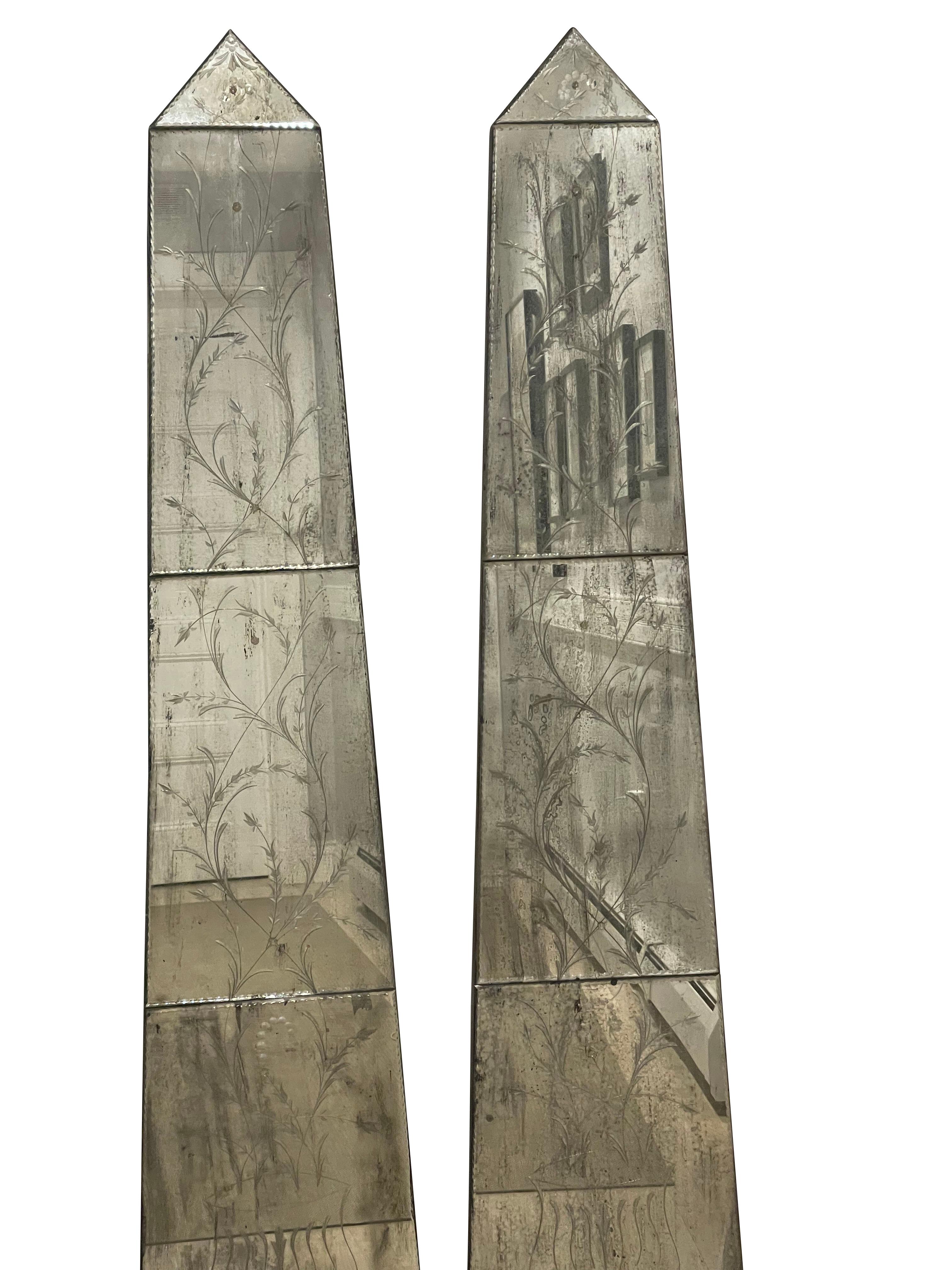 Pair of Obelisk Mirrored Panels with Botanical Etchings 3