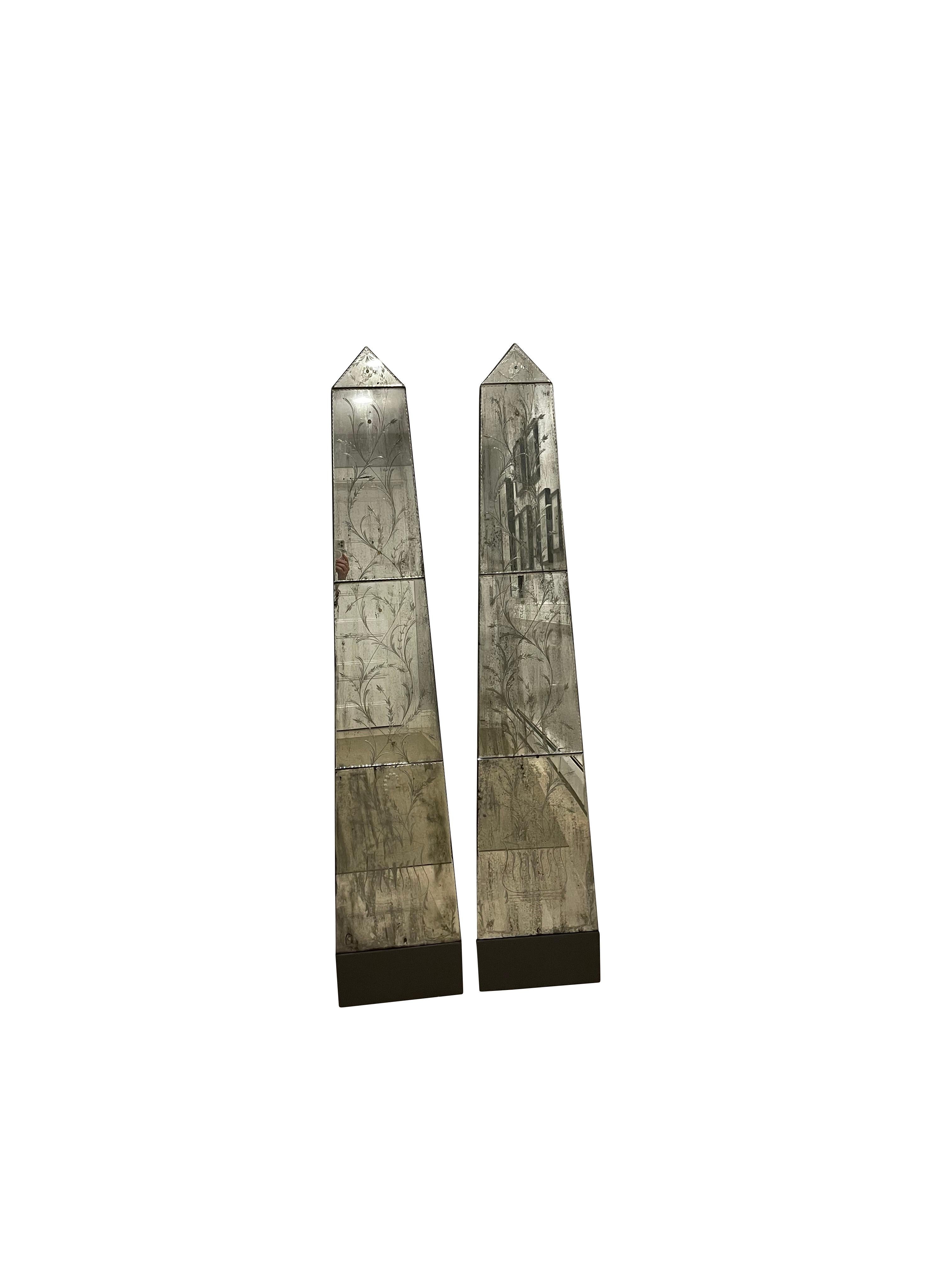 Pair of Obelisk Mirrored Panels with Botanical Etchings 4