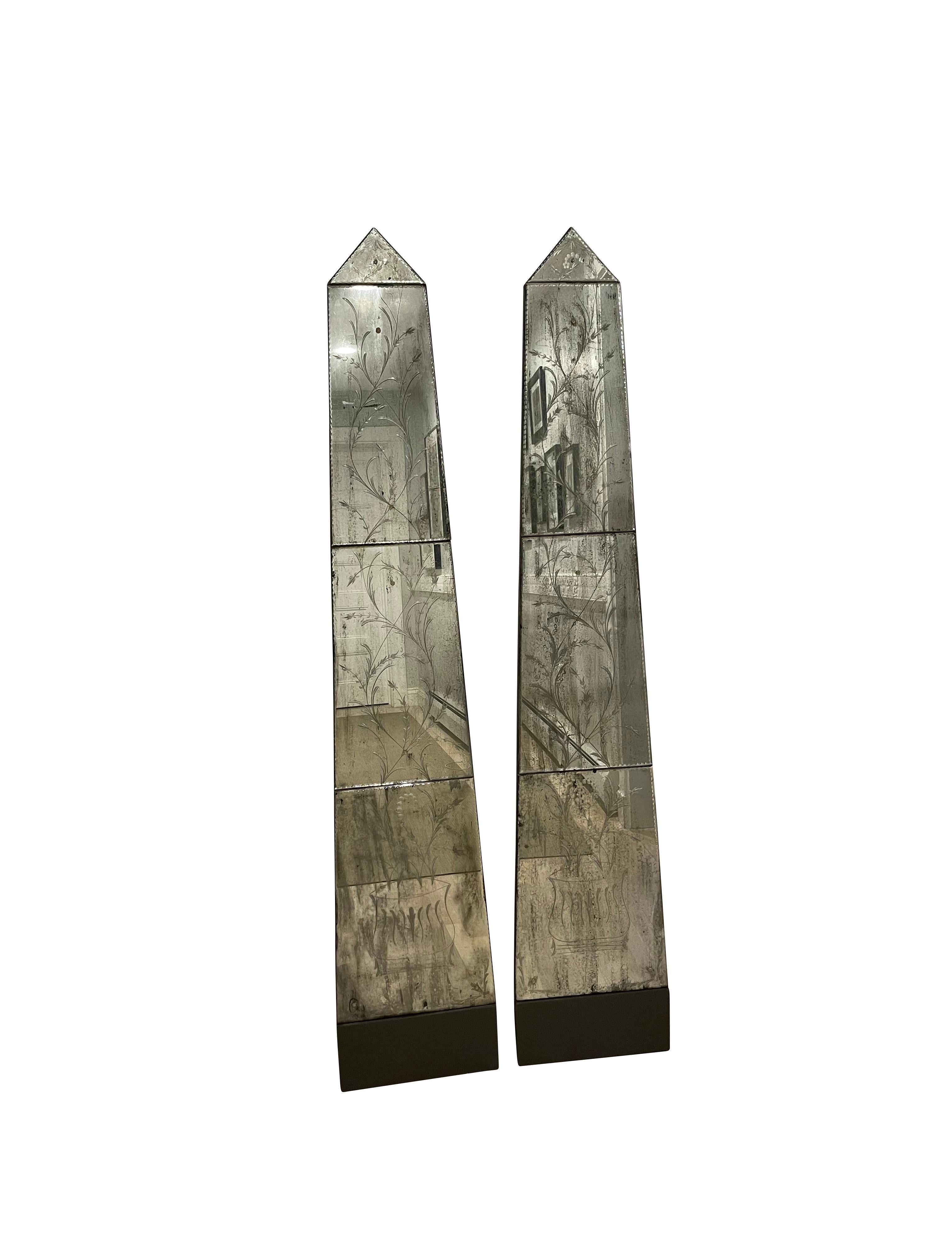 Hollywood Regency Pair of Obelisk Mirrored Panels with Botanical Etchings