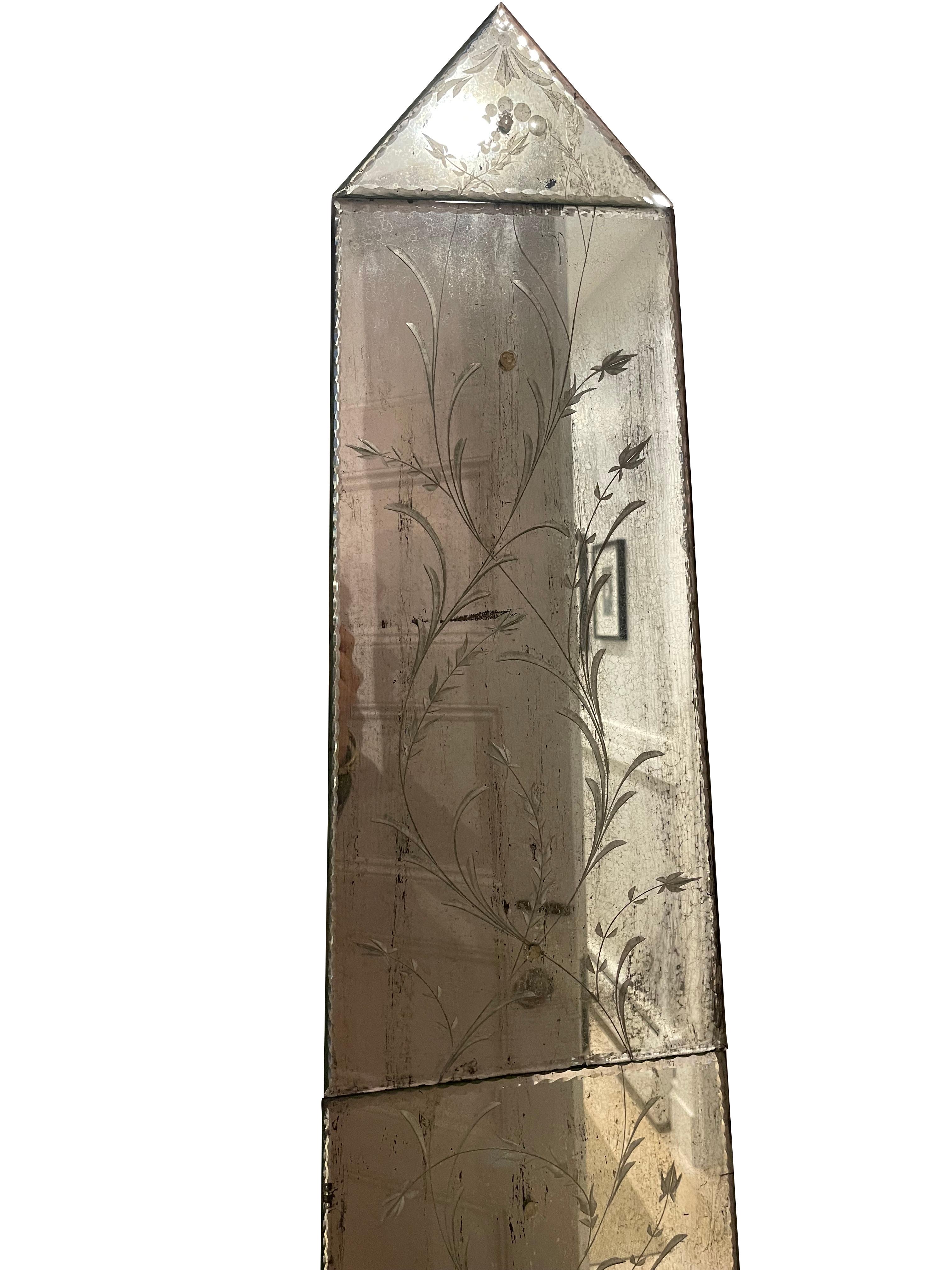 Italian Pair of Obelisk Mirrored Panels with Botanical Etchings