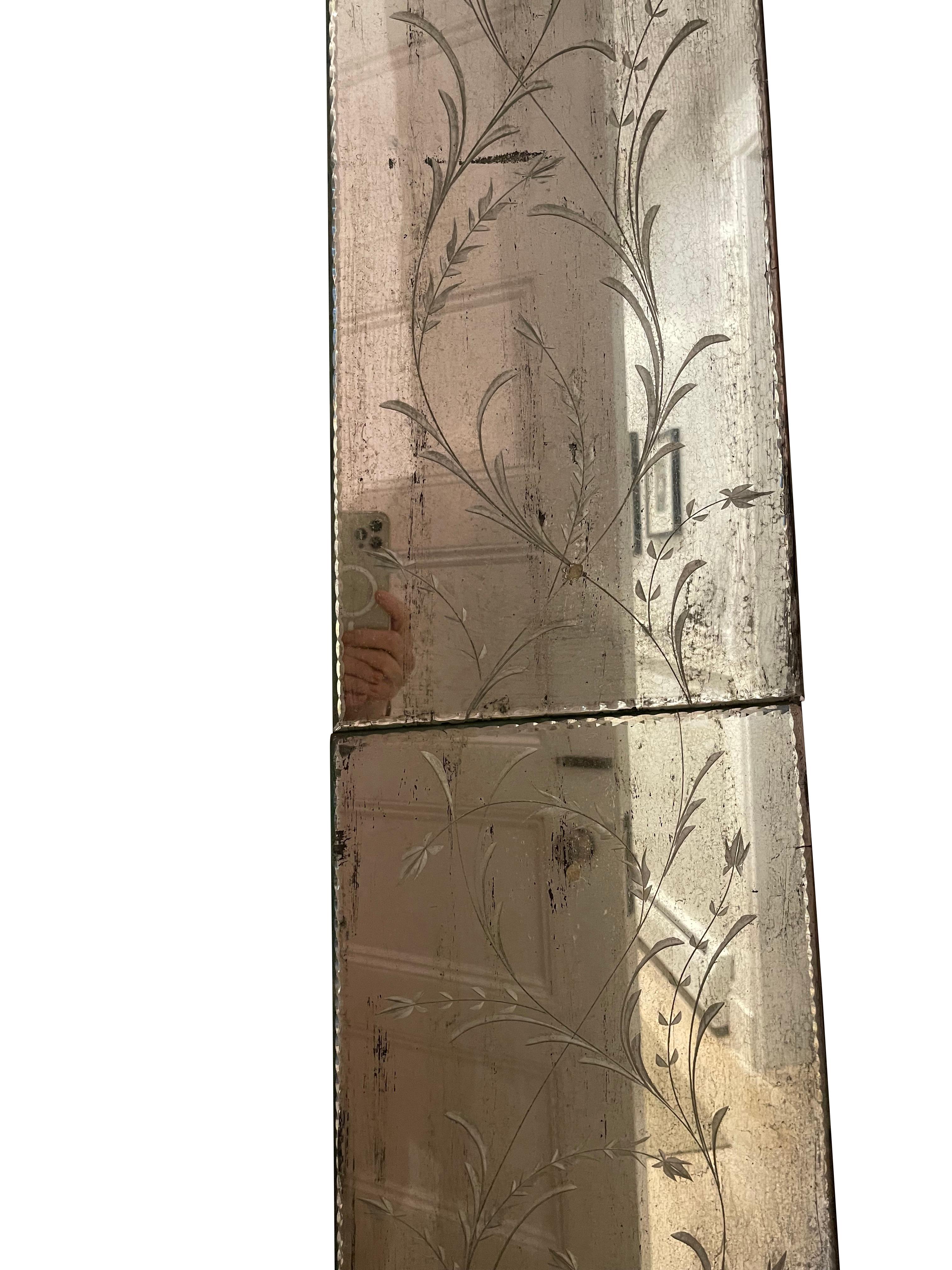Etched Pair of Obelisk Mirrored Panels with Botanical Etchings