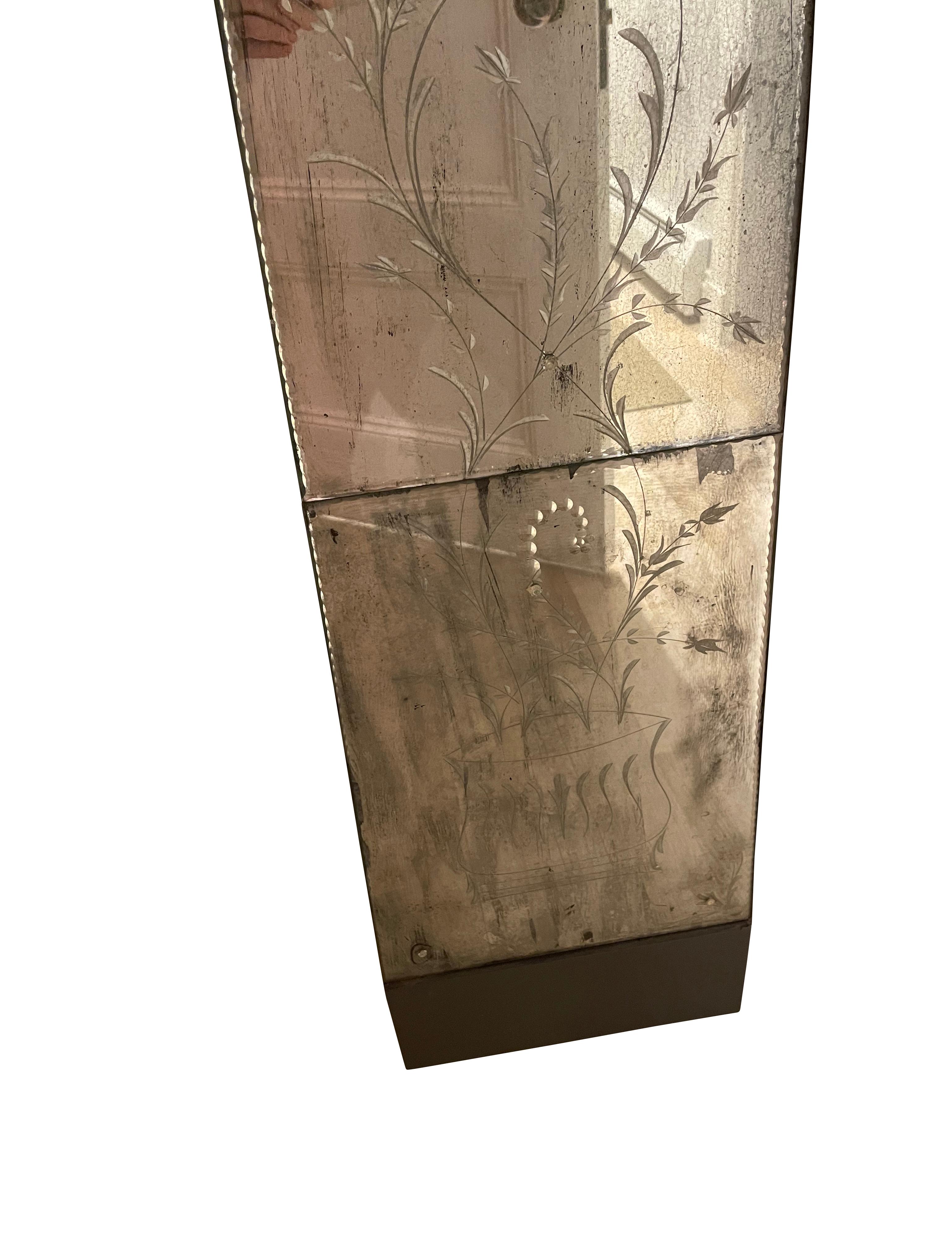 20th Century Pair of Obelisk Mirrored Panels with Botanical Etchings