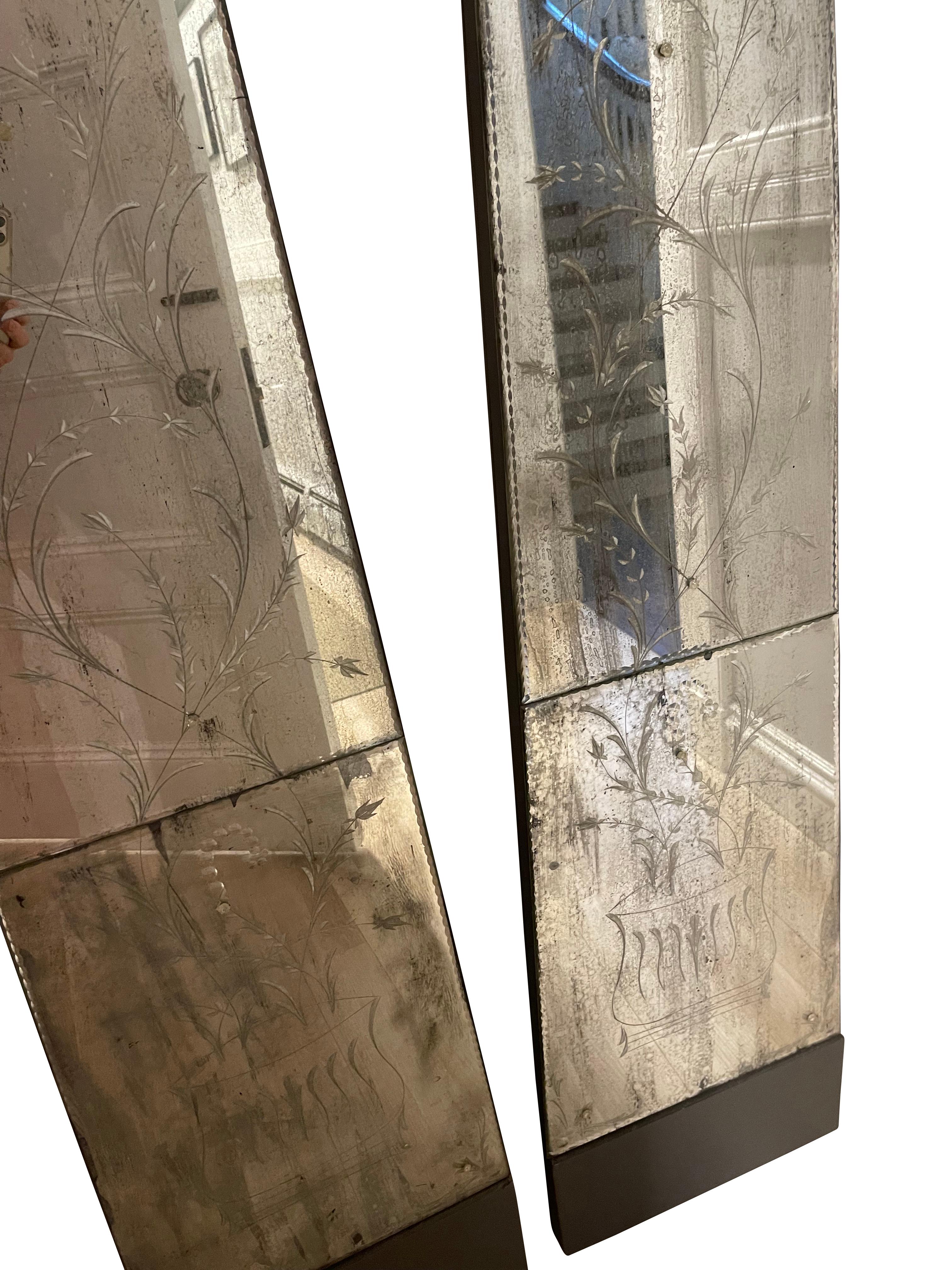 Pair of Obelisk Mirrored Panels with Botanical Etchings 1