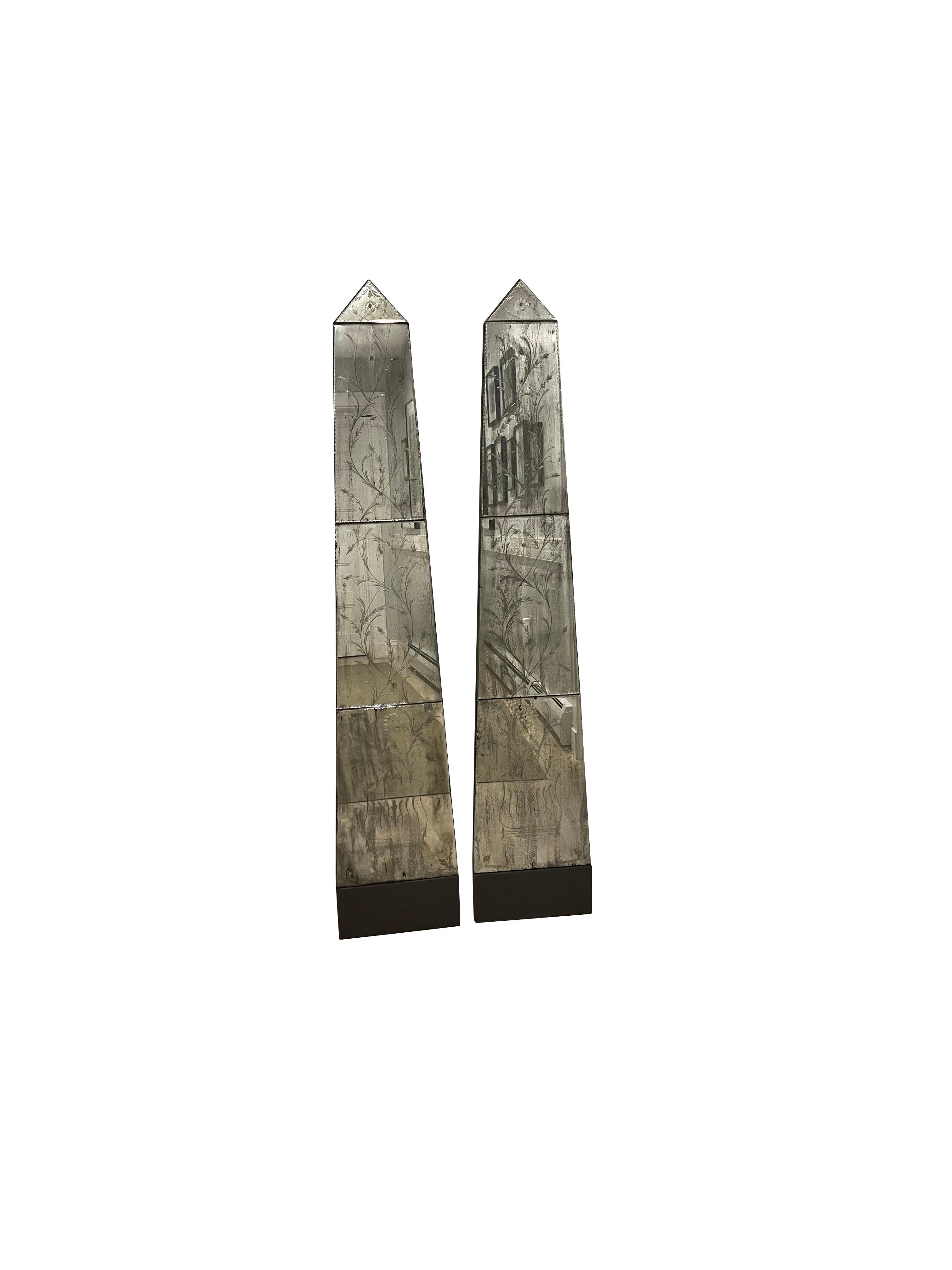Pair of Obelisk Mirrored Panels with Botanical Etchings 2