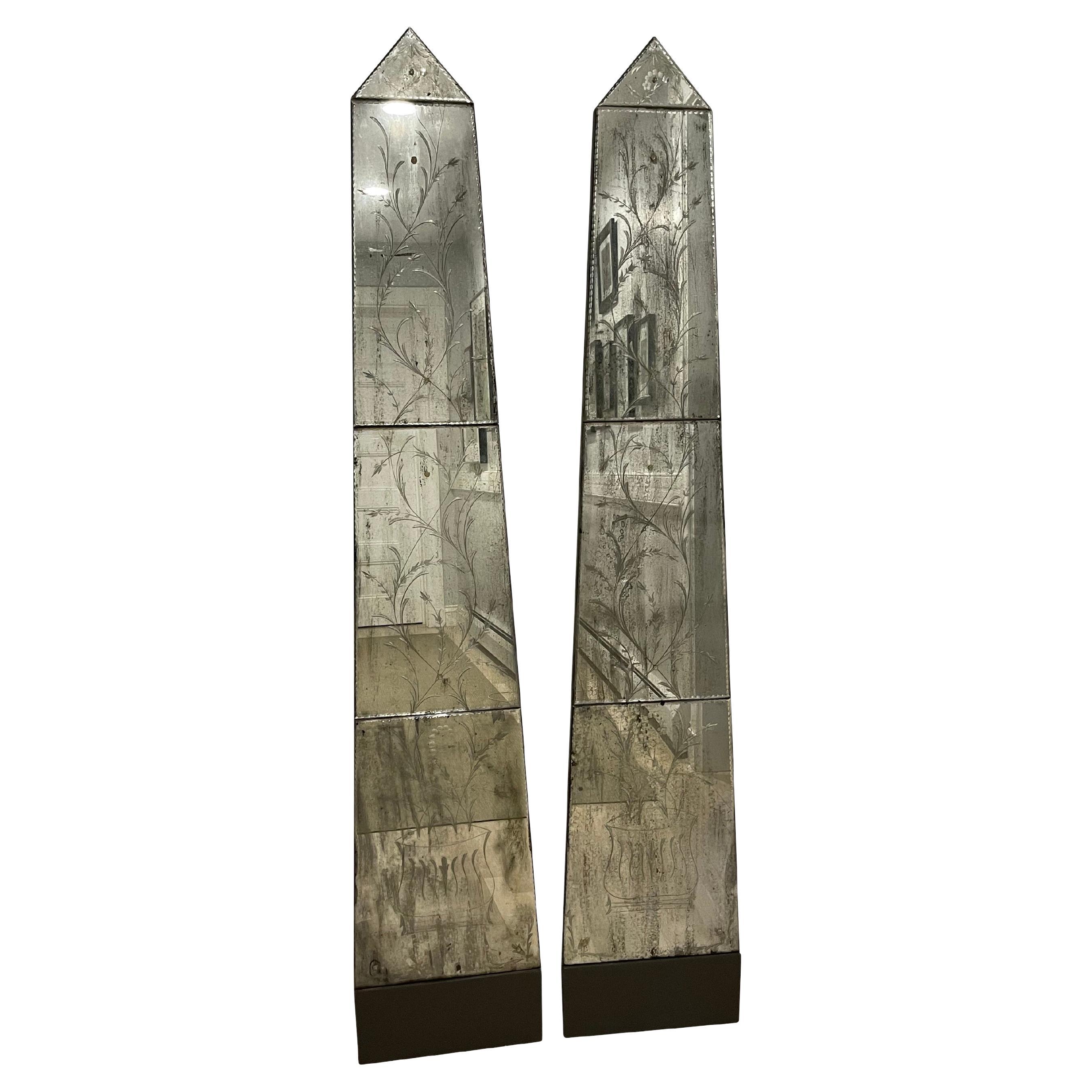 Pair of Obelisk Mirrored Panels with Botanical Etchings