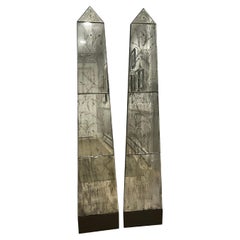 Pair of Obelisk Form Mirrored Panels with Botanical Etchings