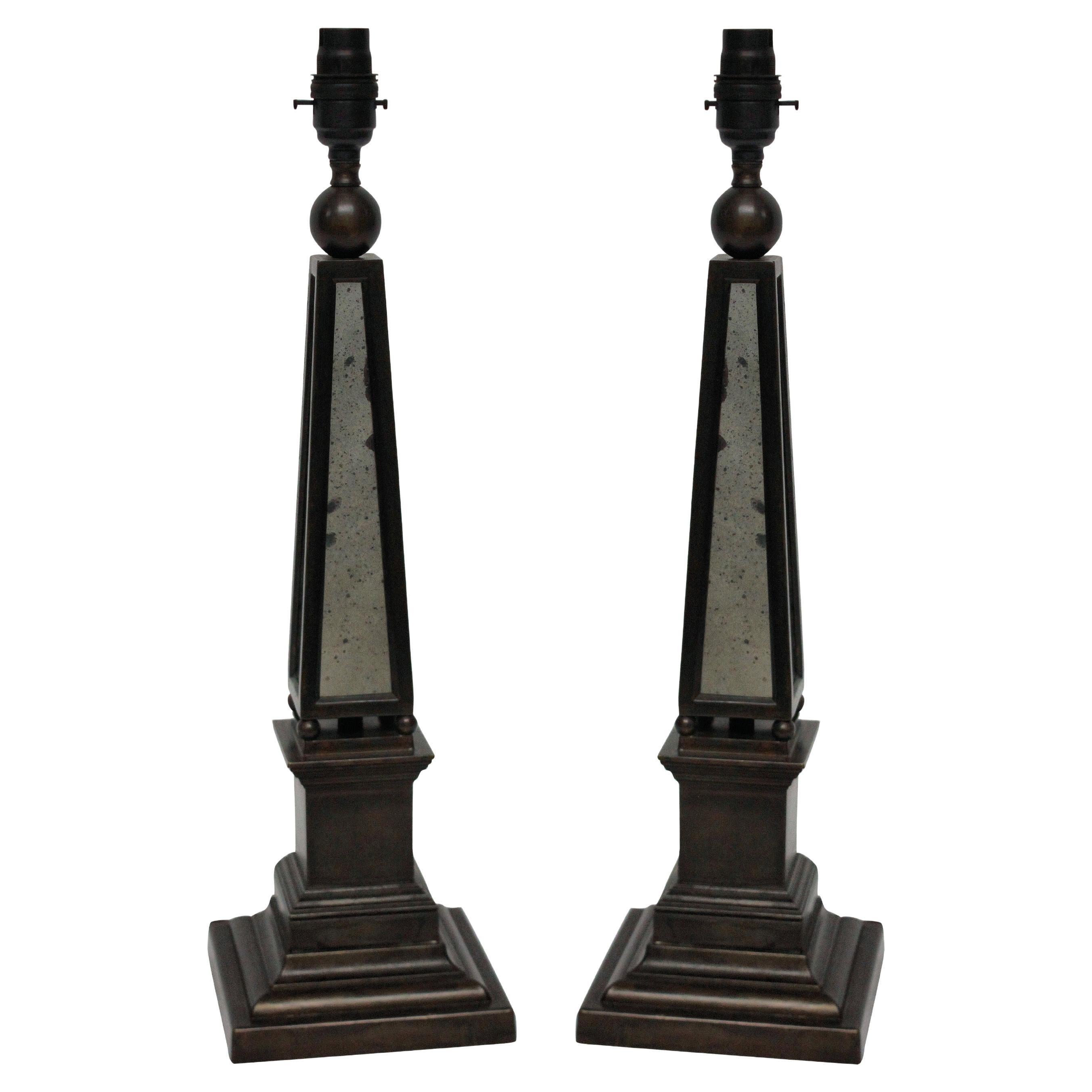 Pair of Obelisk Lamps with Mirror Panels For Sale