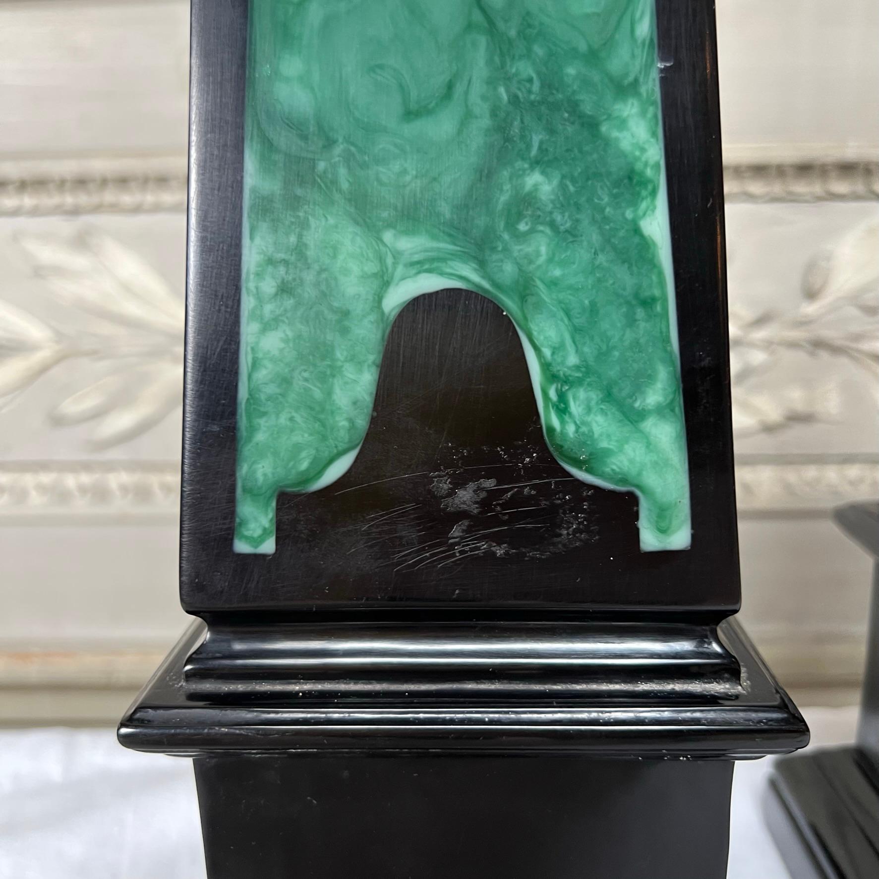 Pair of Obelisk With a Black and Faux Malachite Lacquered Finish For Sale 3