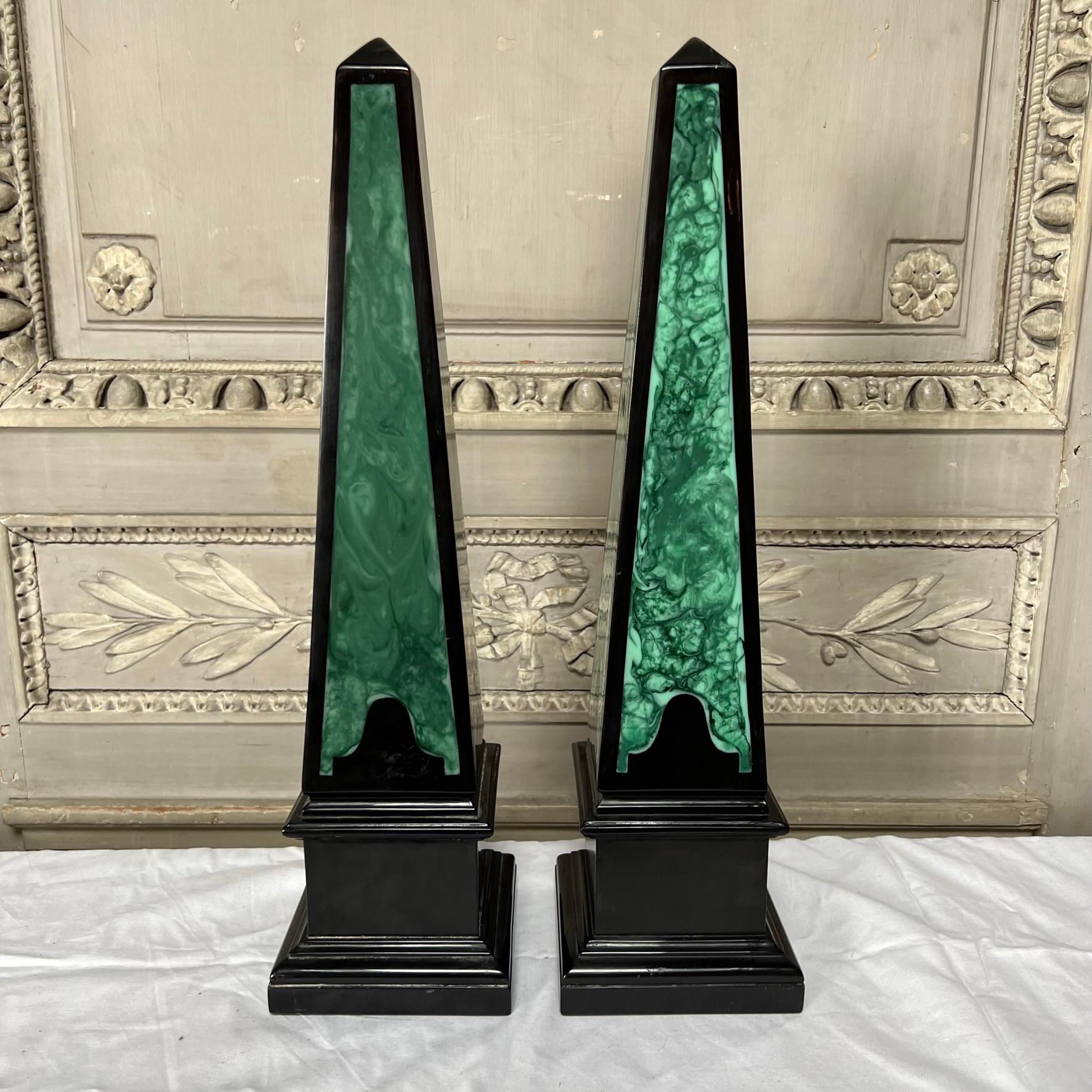 Hollywood Regency Pair of Obelisk With a Black and Faux Malachite Lacquered Finish For Sale