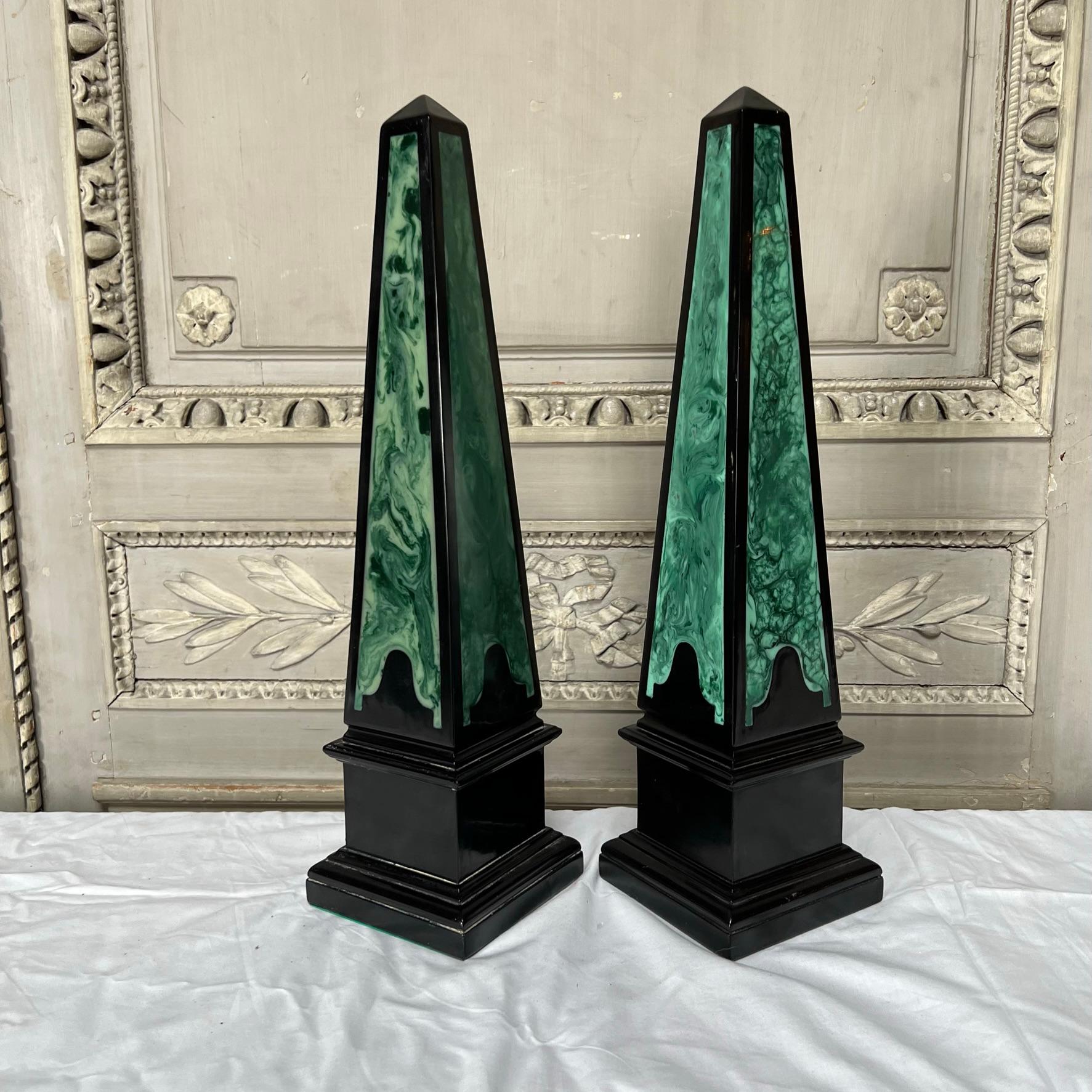Spanish Pair of Obelisk With a Black and Faux Malachite Lacquered Finish For Sale