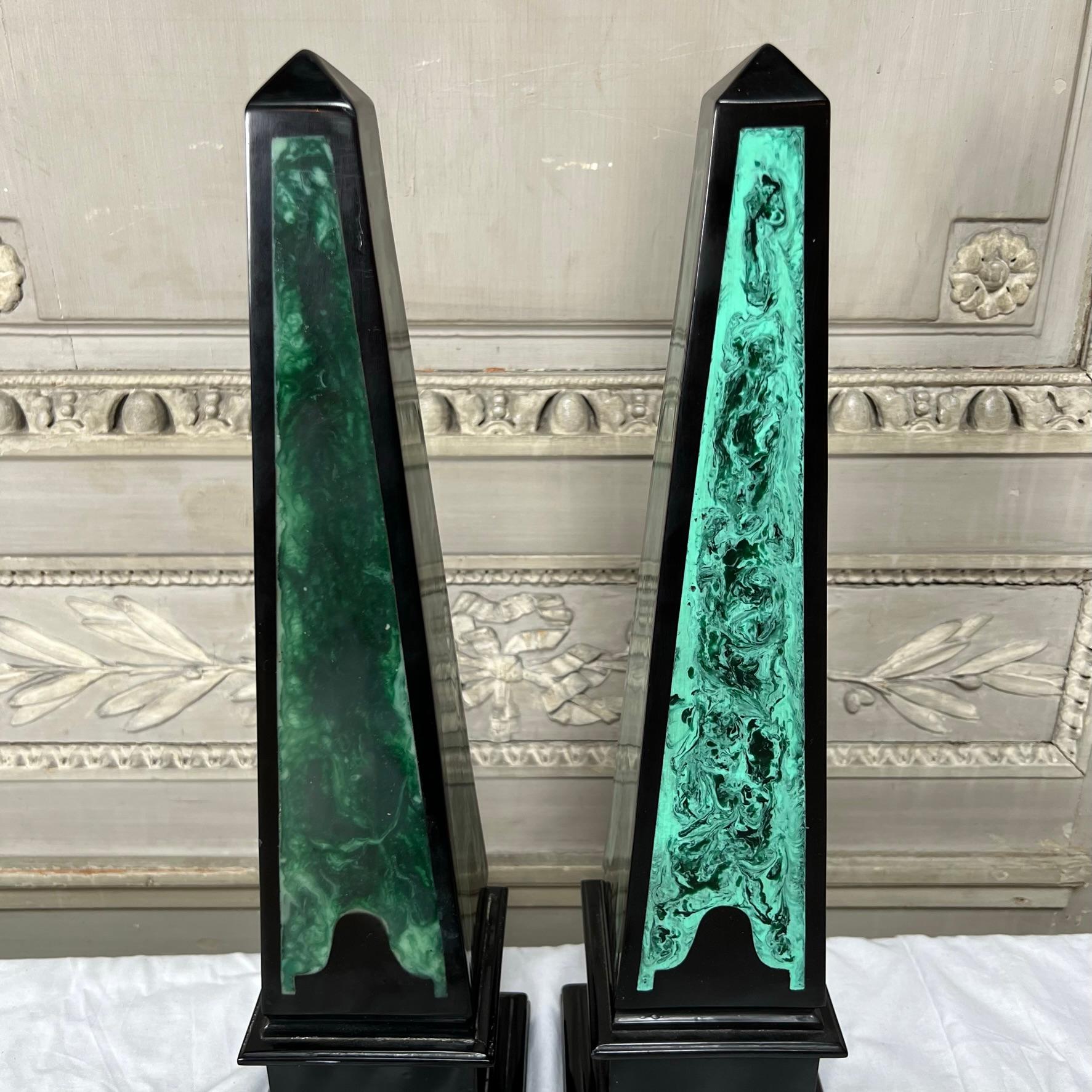 Pair of Obelisk With a Black and Faux Malachite Lacquered Finish In Good Condition For Sale In Dallas, TX