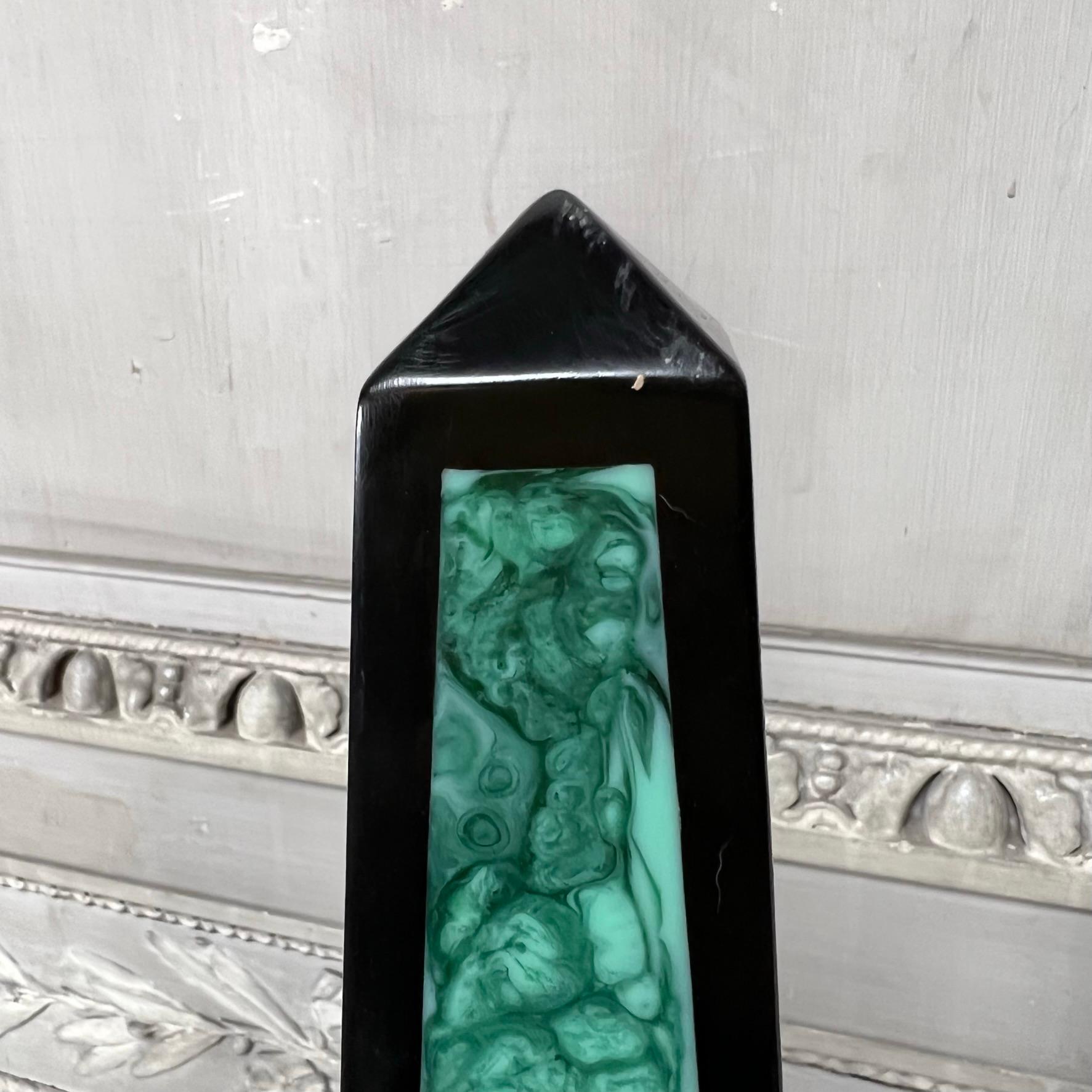 Composition Pair of Obelisk With a Black and Faux Malachite Lacquered Finish For Sale