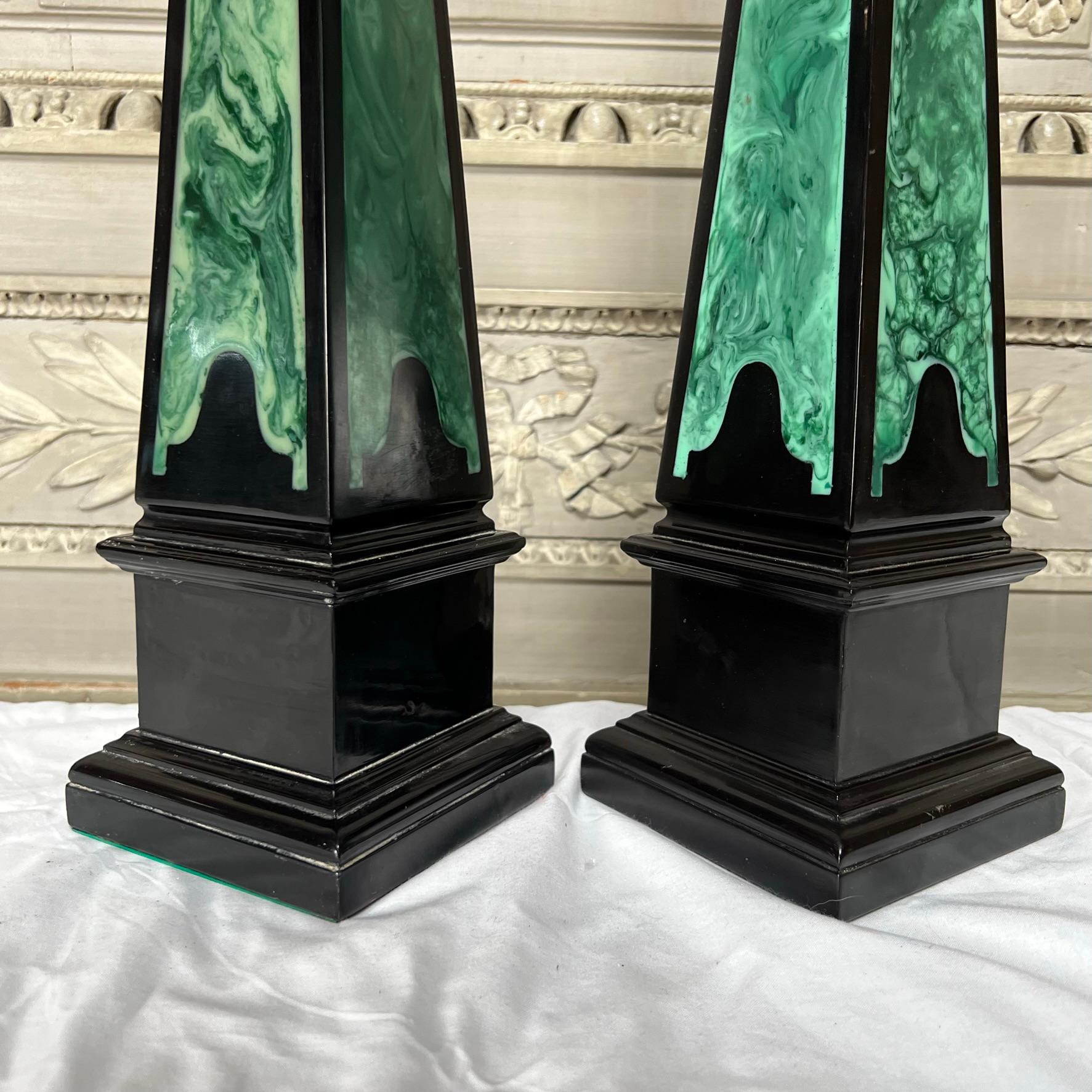 Pair of Obelisk With a Black and Faux Malachite Lacquered Finish For Sale 1